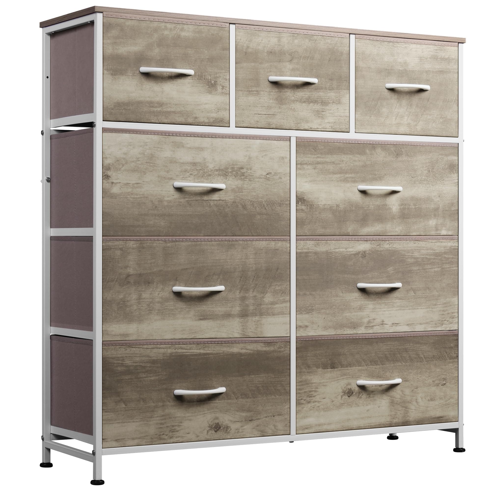 WLIVE 9-Drawer Dresser, Fabric Storage Tower for Bedroom, Nursery, Entryway, Closets, Tall Chest Organizer Unit with Textured Print Fabric Bins, Steel Frame, Wood Top,Greige