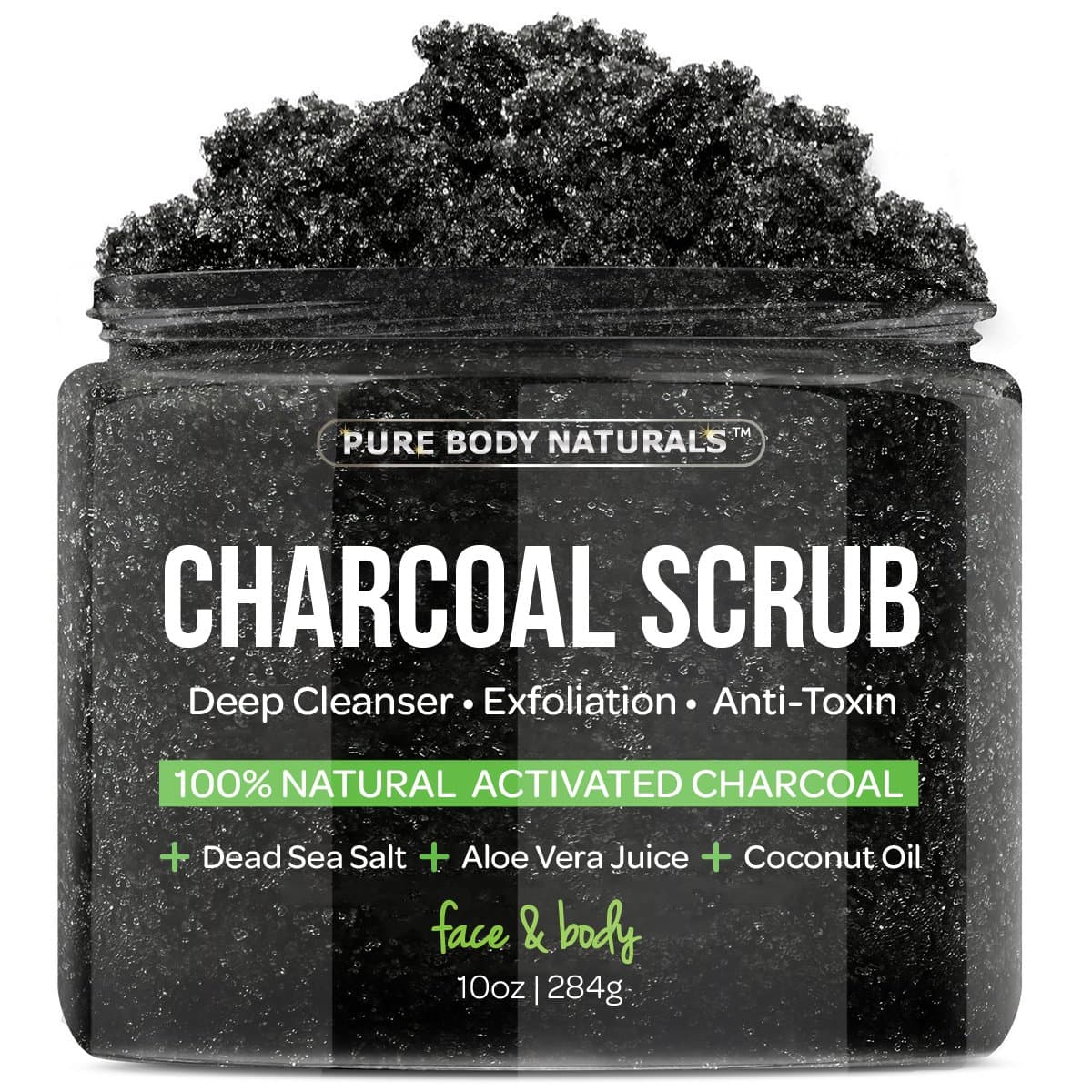 Activated Charcoal Scrub for Face and Body, Exfoliating and Cleansing by Pure Body Naturals, 10 Ounce