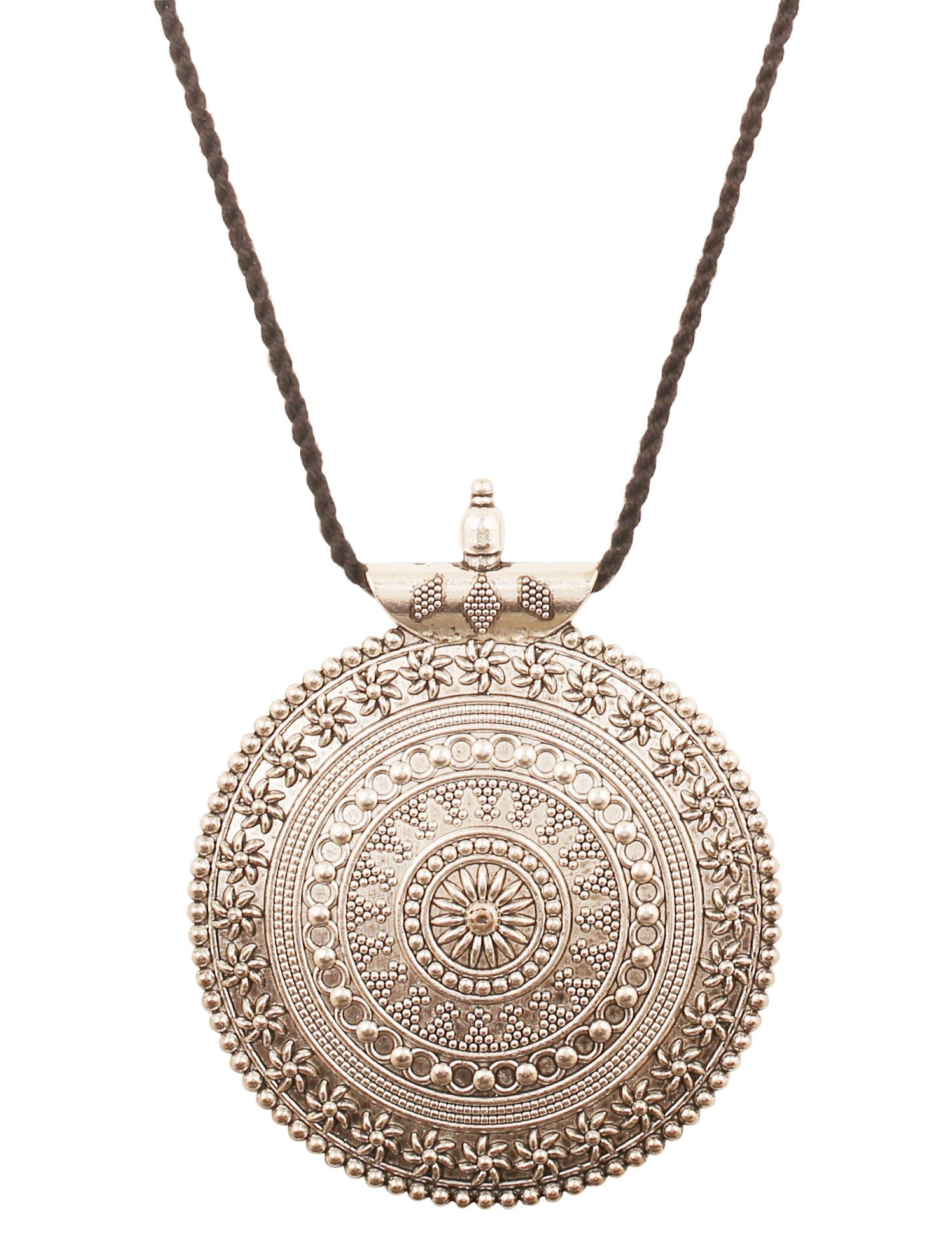 SunSoul Statement Intricately Embossed Mandala Pendant in Cotton Tassel in Antique Silver Tone for Women