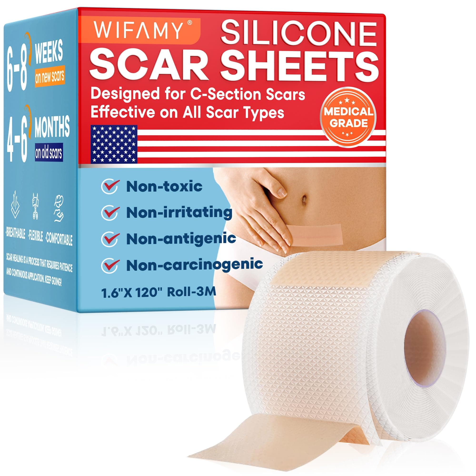 Wifamy Silicone Scar Sheets for Women: Medical Grade Scar Removal C-Section Recovery & Post-Surgery Care (1.6"X 120" Roll-3M)
