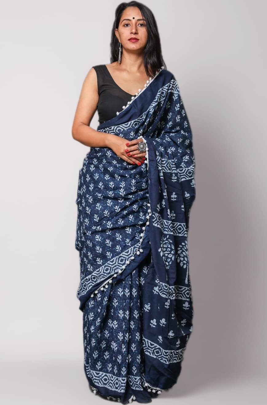 Shivanya Handicrafts Indigo Print Cotton Mulmul Saree for Women Attached Blouse Piece (indigo)