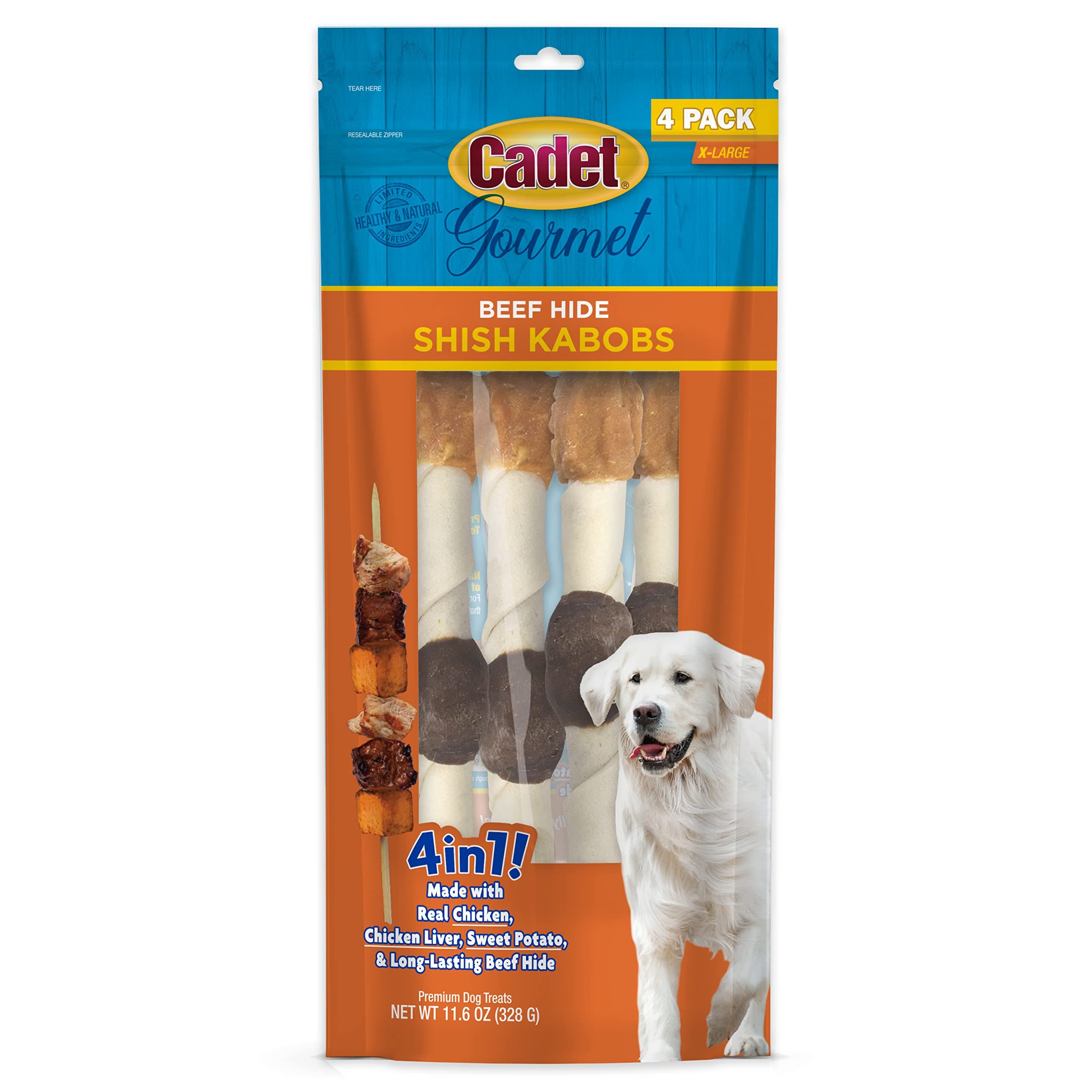 Cadet Premium Gourmet Rawhide Triple-Flavored Shish Kabobs Dog Treats Chicken, Liver & Sweet Potato X-Large