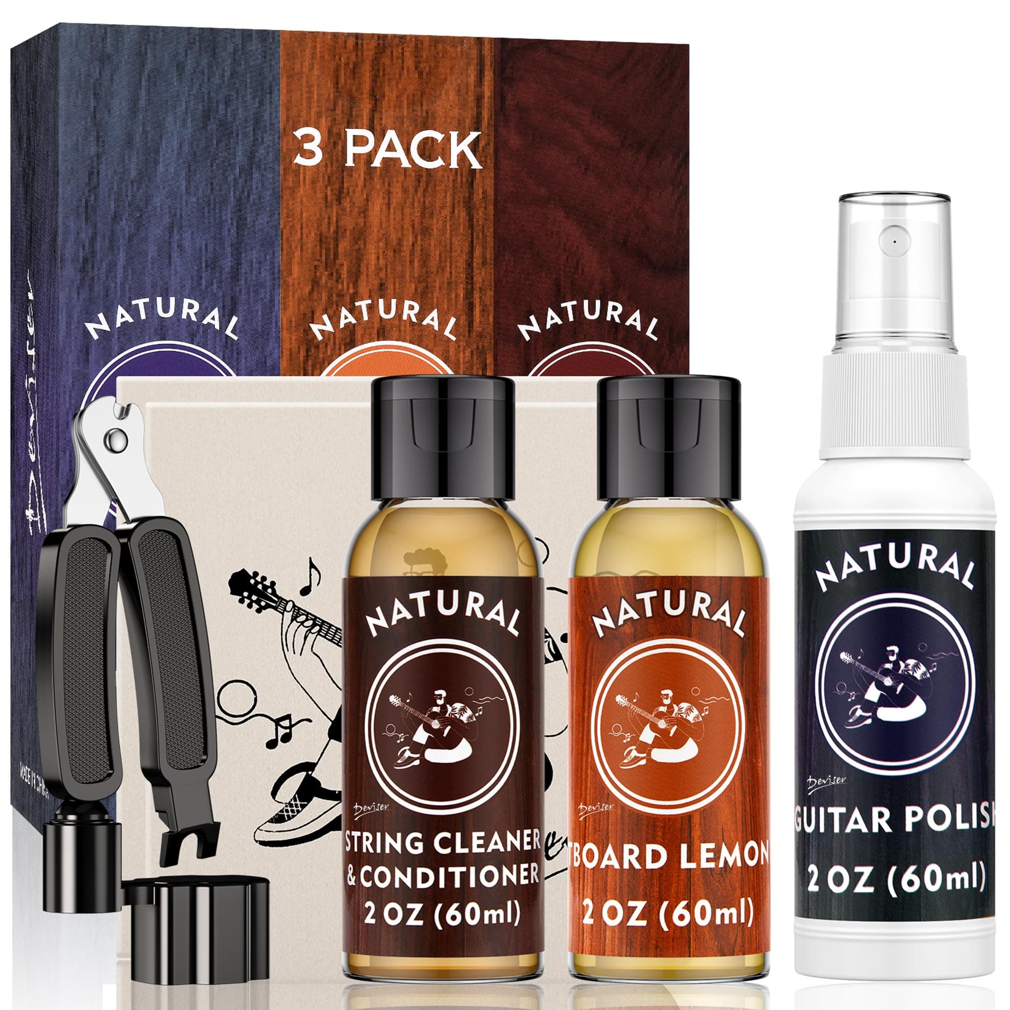 Deviser Guitar Cleaning,All IN ONE Kit,fretboard Lemon oil,Polish,Guitar String-cleaner,Guitar string winder,Cleaning cloth for guitar cleaning and maintenance