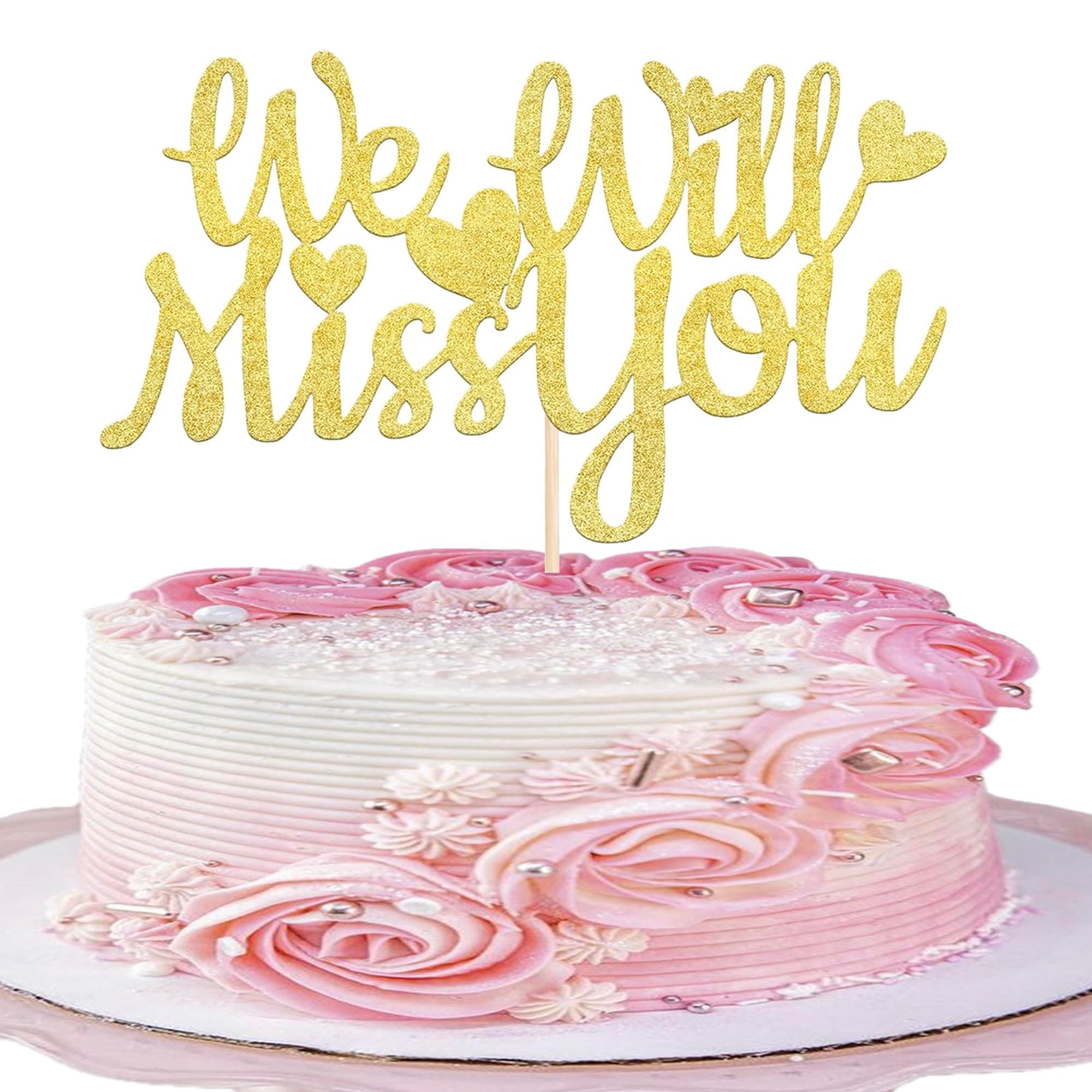 SYKYCTCY 1 Pack We Will Miss You Cake Topper Glitter Red Love Heart Good Luck Cake Pick Retirement Theme Going Away Party Cake Decorations Gold