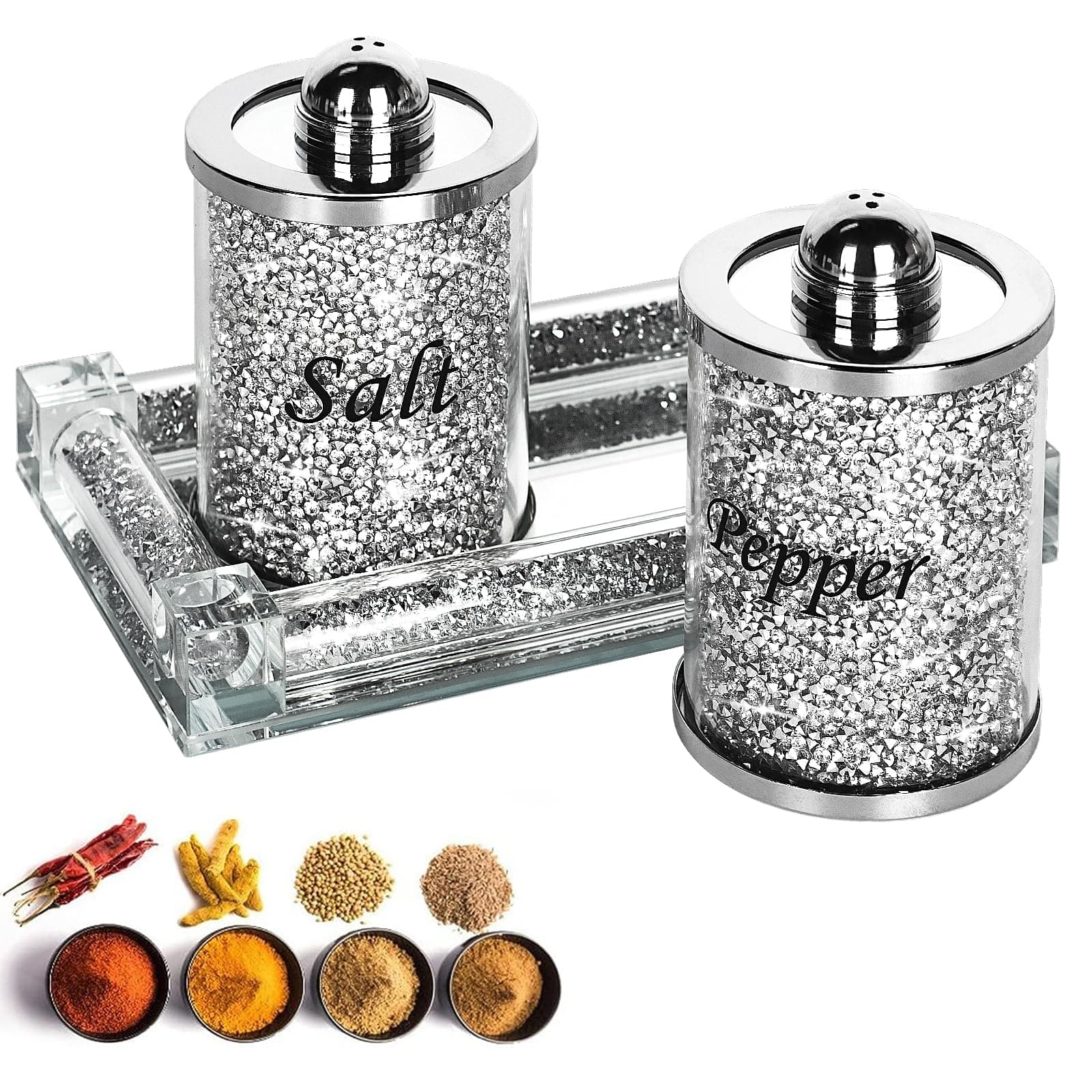 TopskyCrystal Salt and Pepper Shakers Set with Tray,Sparkly Crystal Crushed Diamond House Decor for Kitchen,Bling Salt Pepper Jar Container Pot for Countertop,saleros para cocina elegantes,Silver