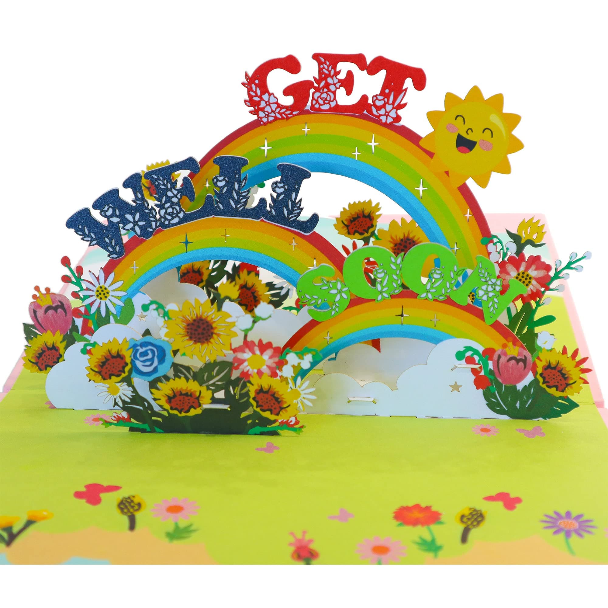 CUTE POPUP - Get Well Soon Pop Up Card - 3D Encouragement Card Get Better Soon Card with Rainbows and Flowers - Colorful Thinking of you Pop Up Card for Women, Kids, Friends with Big Size (6”x8”)