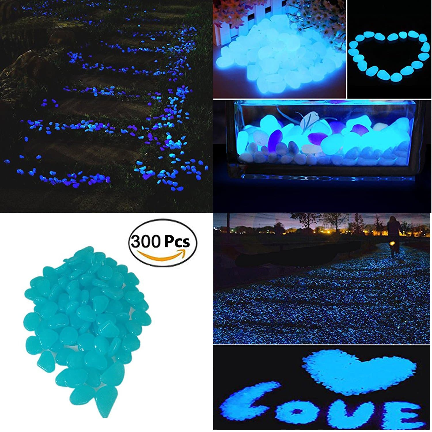 Slipond 300 Pcs Glow in the Dark Pebbles Stone for Walkways Garden Yard (Blue)