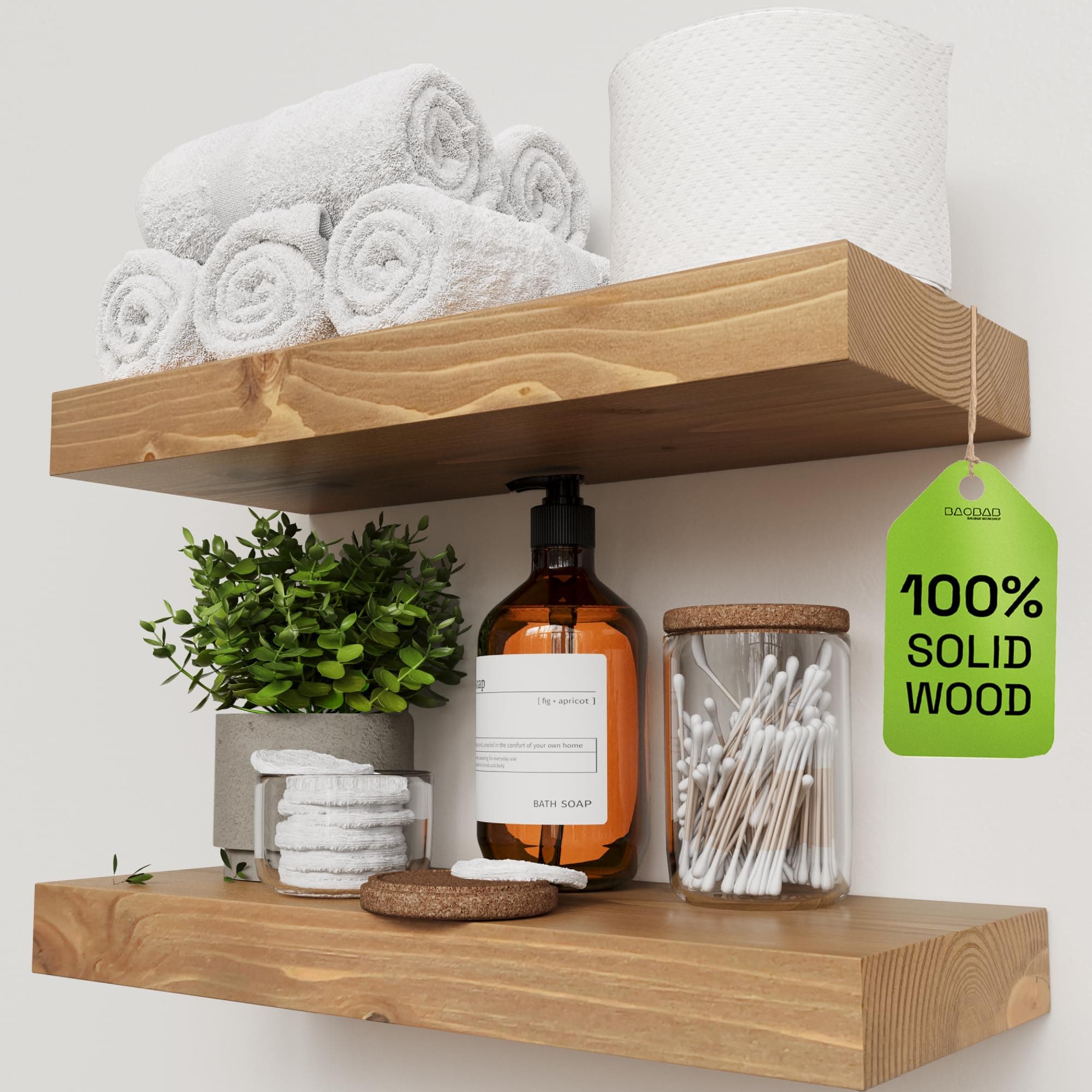 BAOBAB WORKSHOP Natural Wood Floating Shelves for Wall 16 inch - Floating Wall Shelves for Kitchen Bedroom - Wooden Bathroom Shelves - Floating Shelf - Oak Finish, 16" W x 6.7" D x 1.2”H