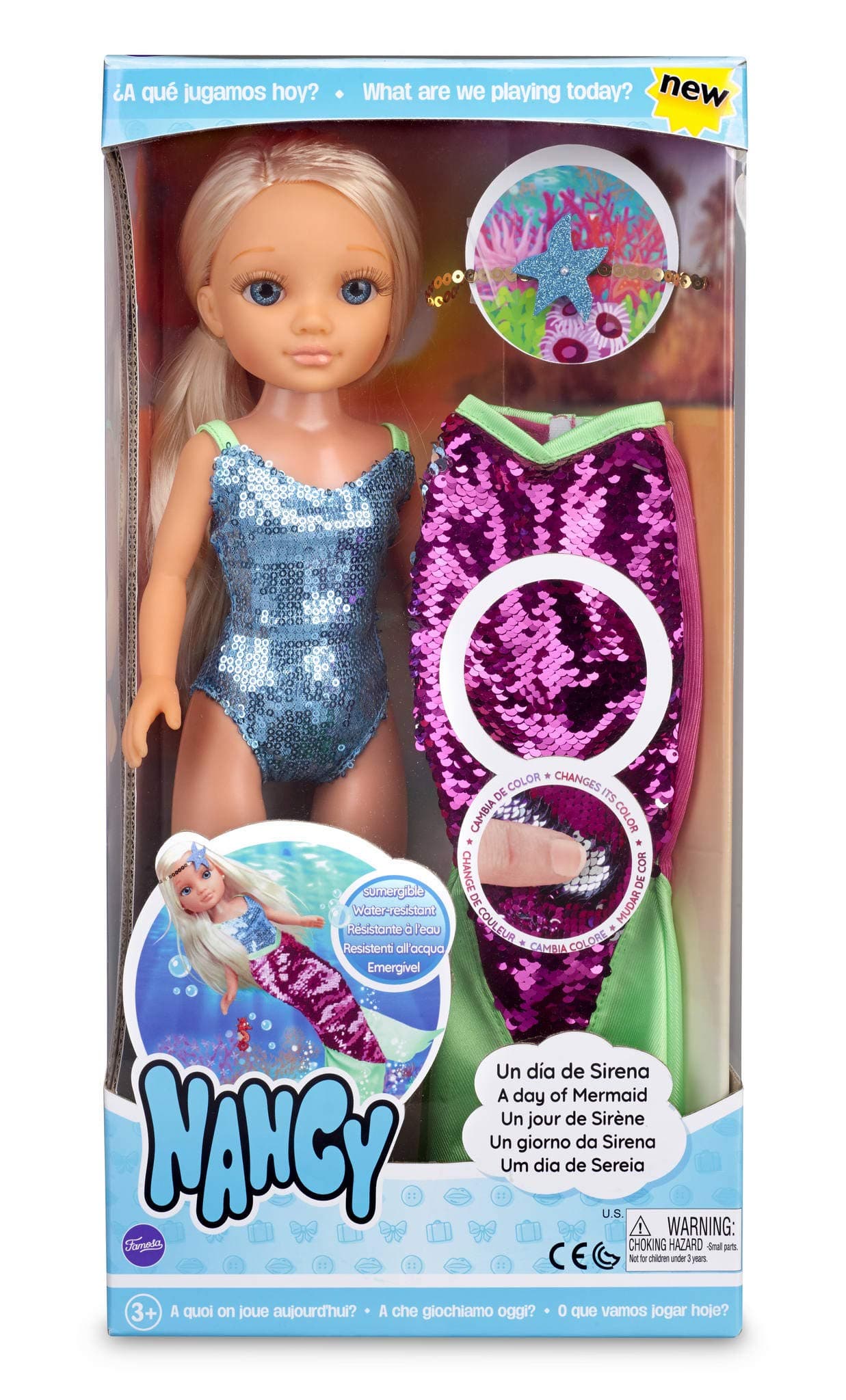 Nancy - A Mermaid Day, Kids Toy Doll with a Swimsuit and a Reversible Sequin Mermaid Tail Dress Color Changing Water Submersible FAMOSA (700014762)
