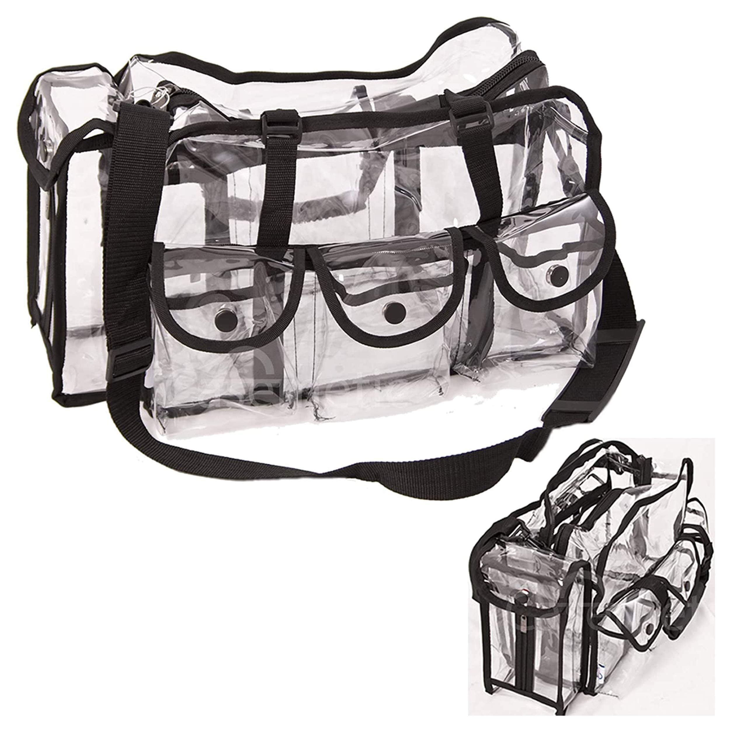 Clear PVC Tote Bag with 6 Exterior Pockets, Tissue Holder & Zippered Interior – Stadium Approved Organizer for MUAs & On-the-Go Pros