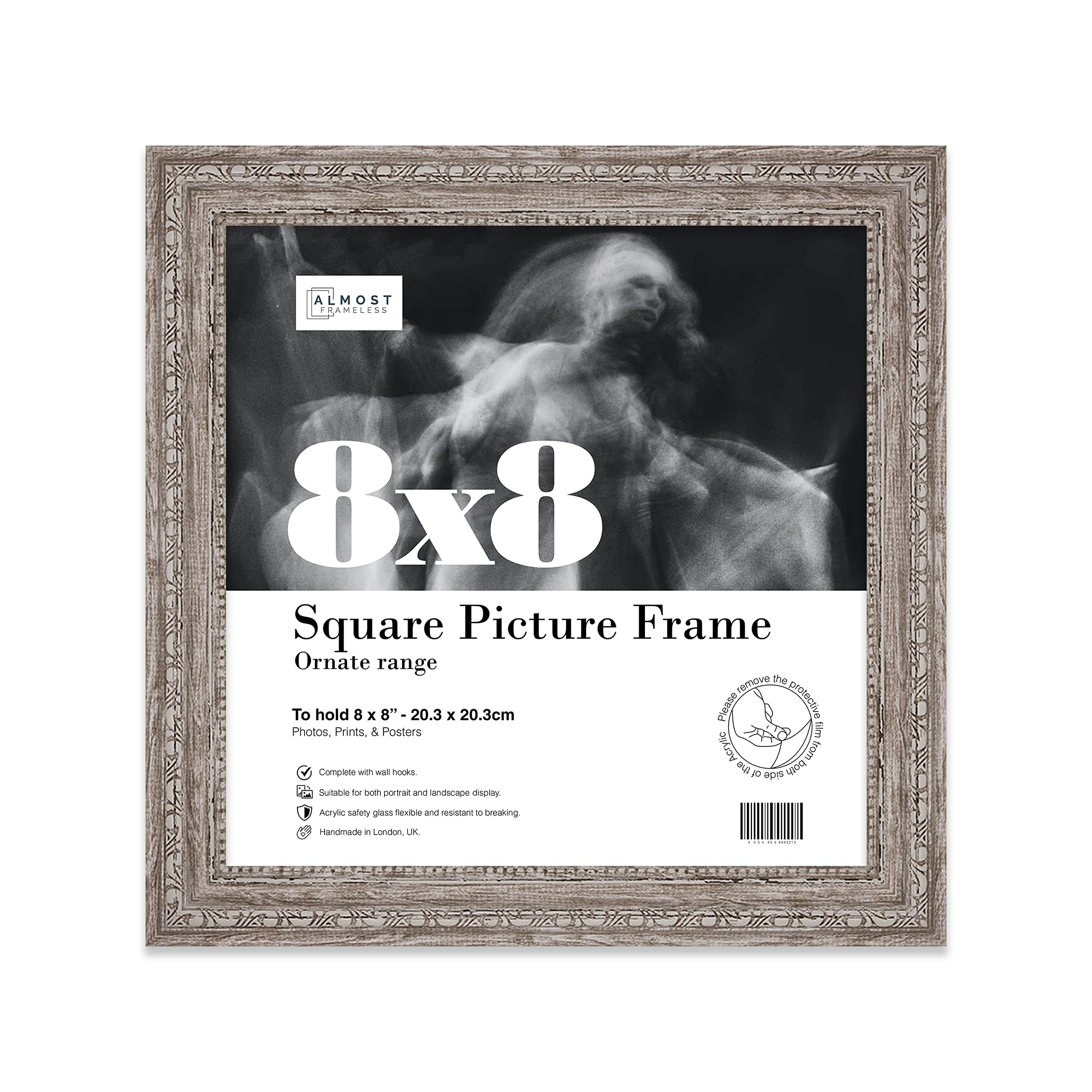 8x8 Walnut Ornate Picture Frame 8"x8" (20.3x20.3cm) Poster, Photo, Artwork, or Print. Elegant Style Portrait and Landscape Display with Wall Hooks