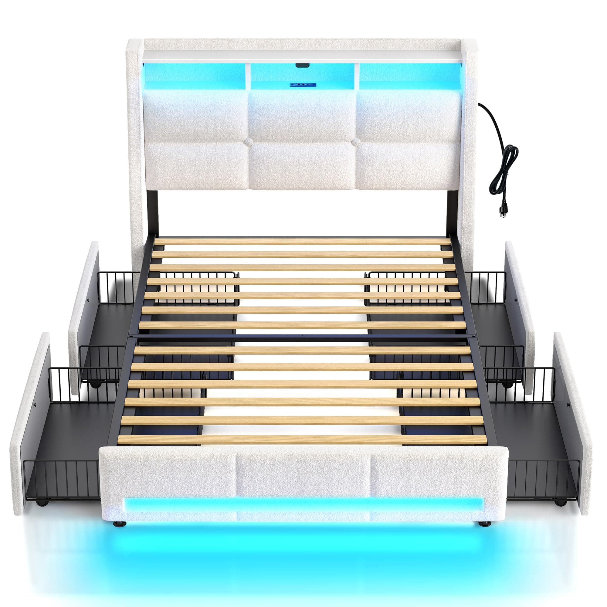 Rolanstar Twin Size Bed Frame with LED Lights and Charging Station, Upholstered Bed Storage Headboard & Drawers, Heavy Duty Wood Slats, Easy Assembly, White