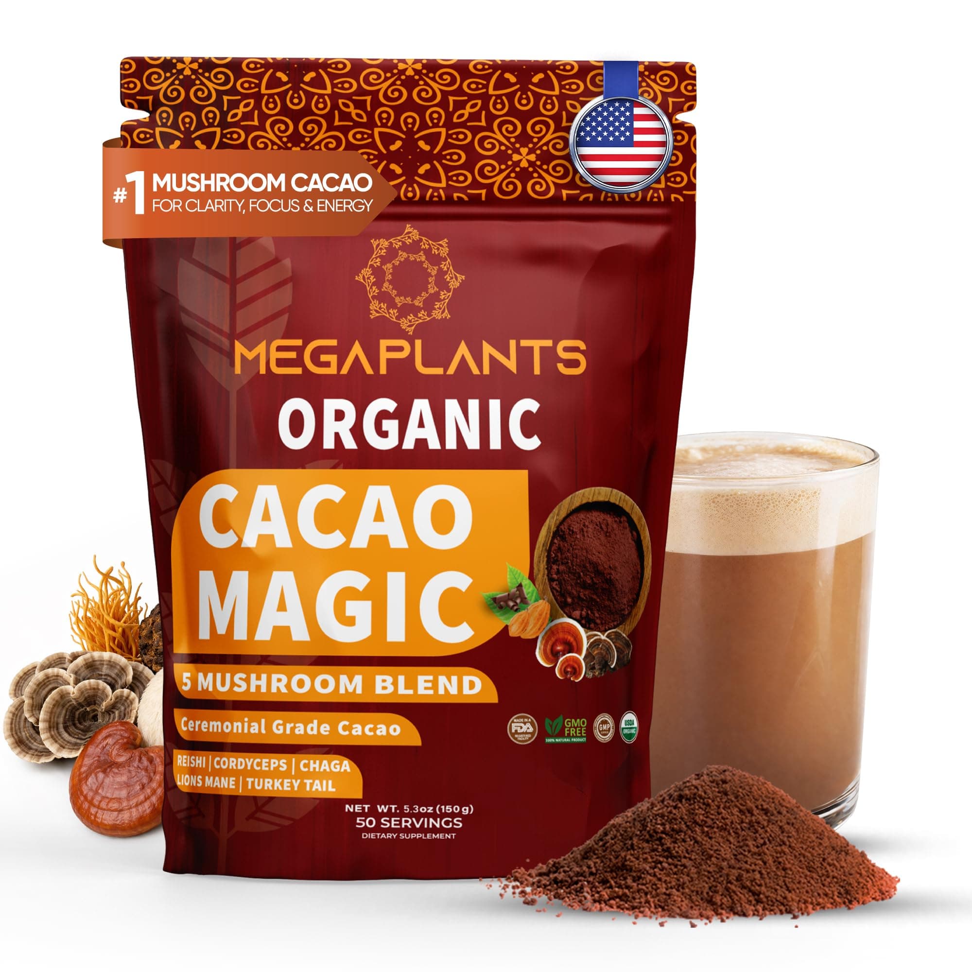 MegaPlants Cacao Magic | Superfood 5 Mushroom Blend | Lions Mane, Reishi, Chaga, Cordyceps, Turkey Tail | Smoothie, Hot Chocolate, Coffee Alternative