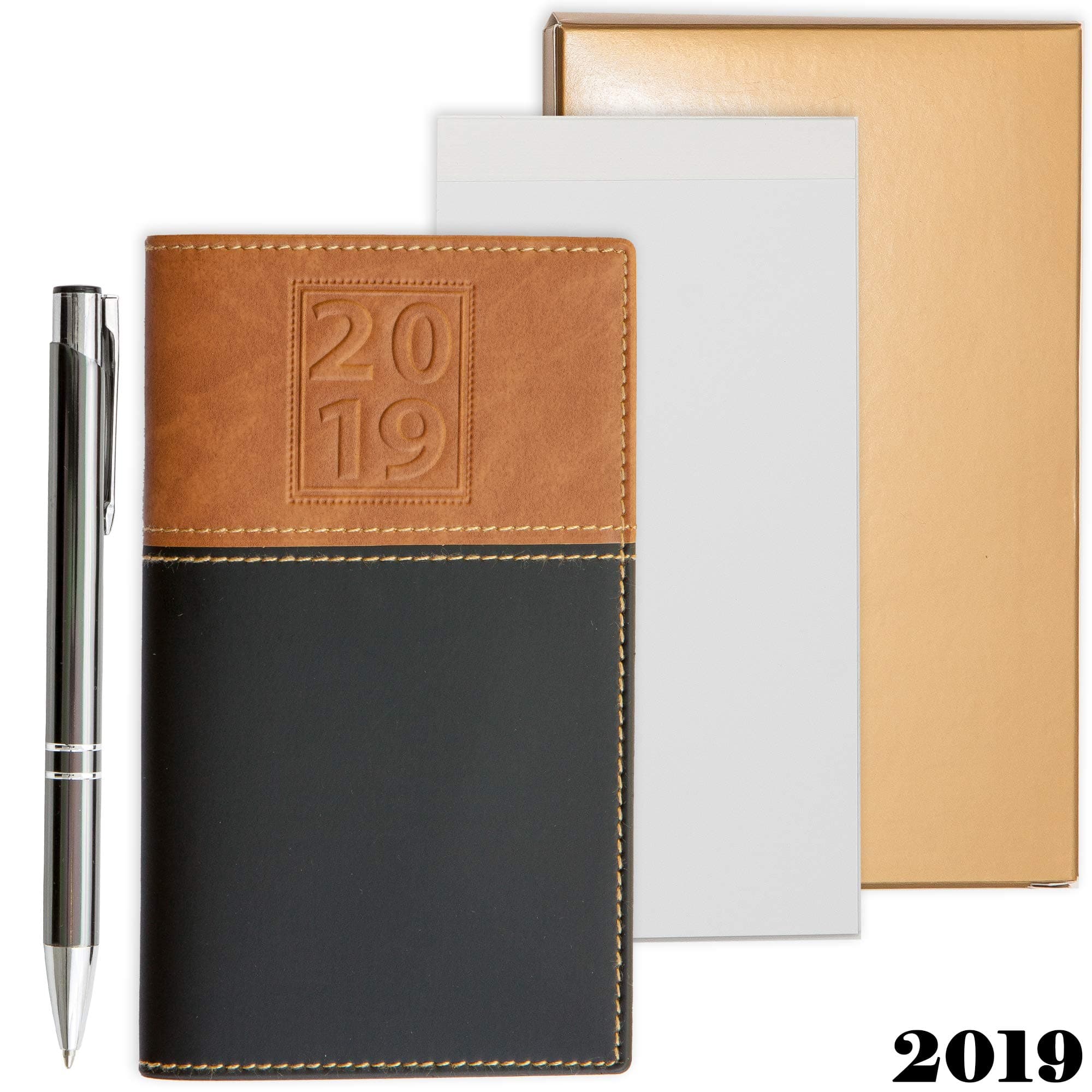 2019 Weekly Pocket Calendar Organizer | Business Polished Chrome Trim Pen & a Notepad Included | 12 Months Week-in-View Planner, Weekly Quotes | All in a Gold Gift Box Set.