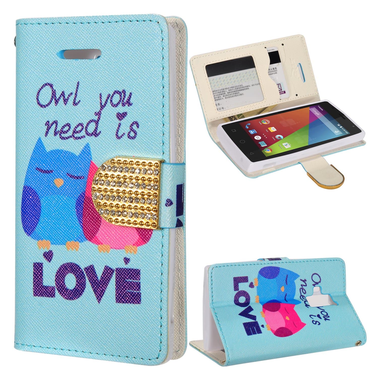 Saapni Coolpad Rogue 3320A Owl Love Design Wallet Flap Pouch with TPU Inside
