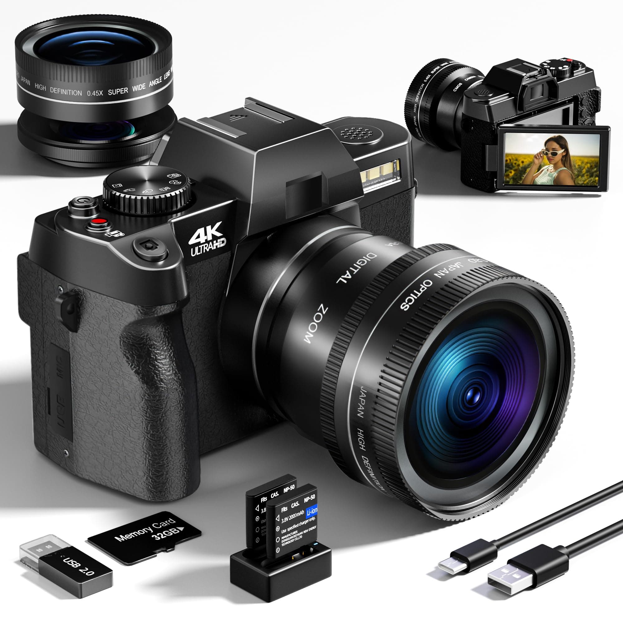 Digital Camera, 48MP Cameras for Photography, 4K Vlogging Camera for YouTube,Compact Camera,Perfect for Entry-Level Users and Beginners with Macro&Wide Lens-32GB Card