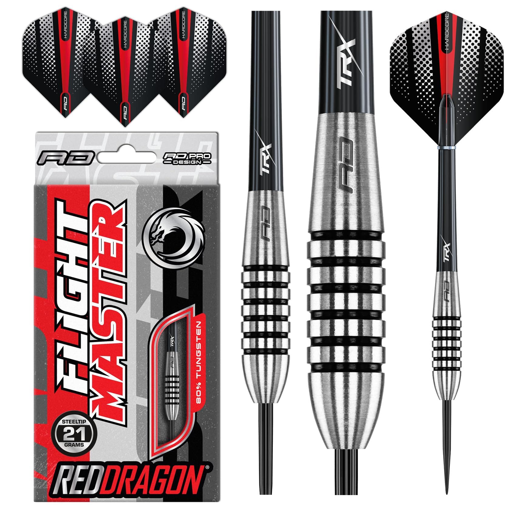 RED DRAGONPrecision Ringed Grip Darts 21g, 23g, 25g, 27g, 28g, 29g - Tungsten Darts Set with Flights and Stems