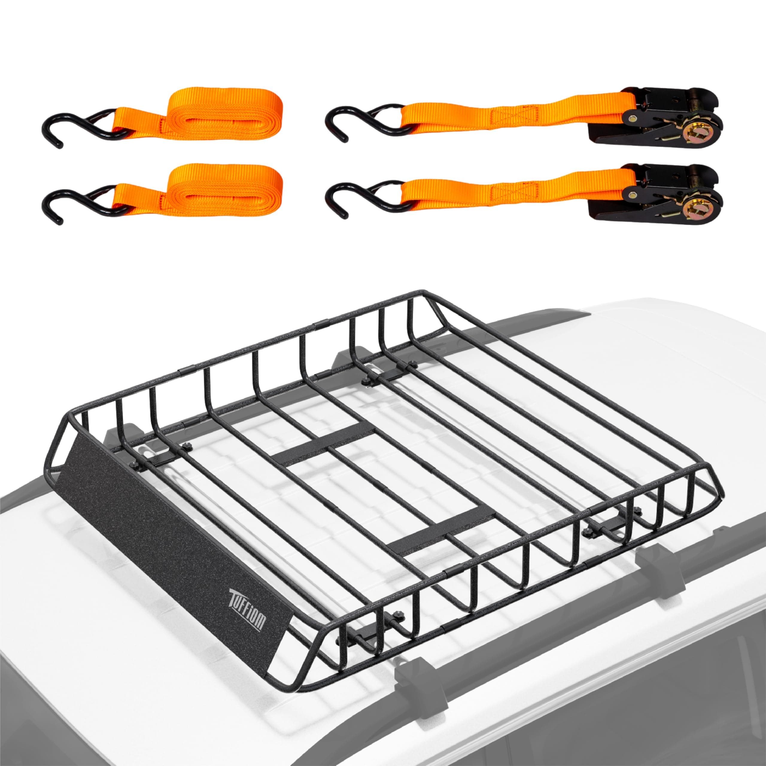 TUFFIOM 46"x 36"x 6" Universal Rooftop Cargo Carrier Basket, Heavy Duty Steel Roof Rack Basket w/4 Straps with Hook, Car Top Rack Luggage Holder Carrier for SUV Car Truck Van