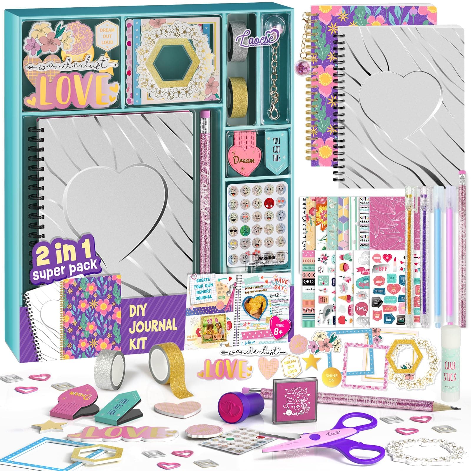 2-Pack Mega DIY Journal Kit - Gifts for Girls Ages 8 9 10 11 12 13 14 Year Old, Cool Birthday Gifts Ideas for Girls, Art & Crafts for Tween Kid, Teen Girl Trendy Stuff, Scrapbook & Diary Set