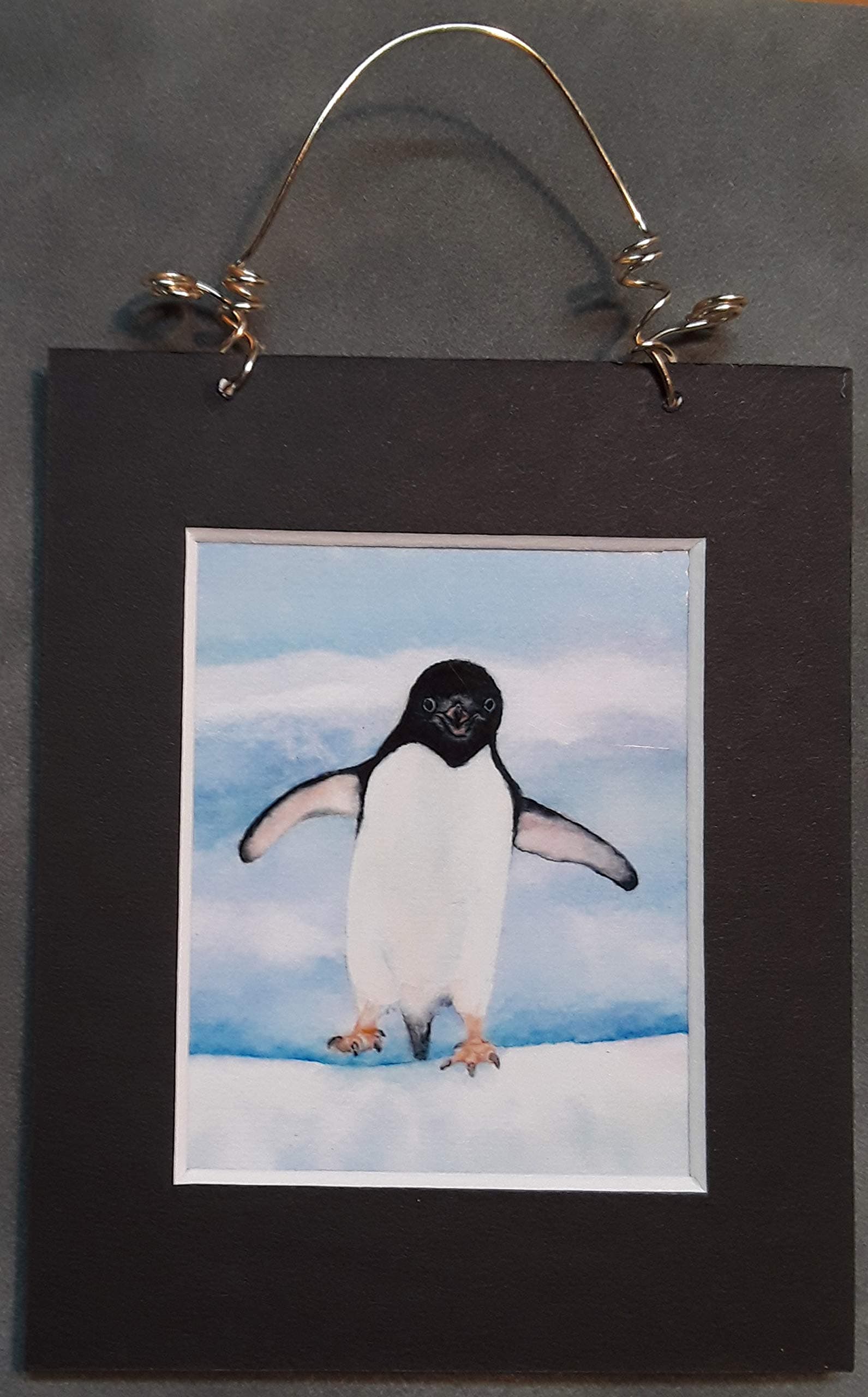 Happy Adelie Penguin mini art print from original watercolor painting magnet with hanger