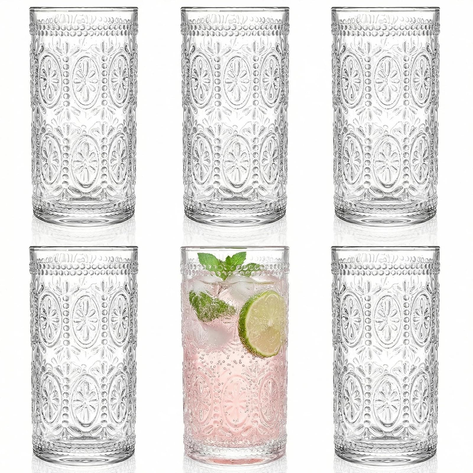 Bekith 6 Pack Romantic Drinking Glasses, 12 oz Highball Glasses, Thick Water Glasses, Tall Glass Cups for Beverages, Beer, Cocktail, Vintage Glassware Set for Dinner Parties, Bars, Restaurants