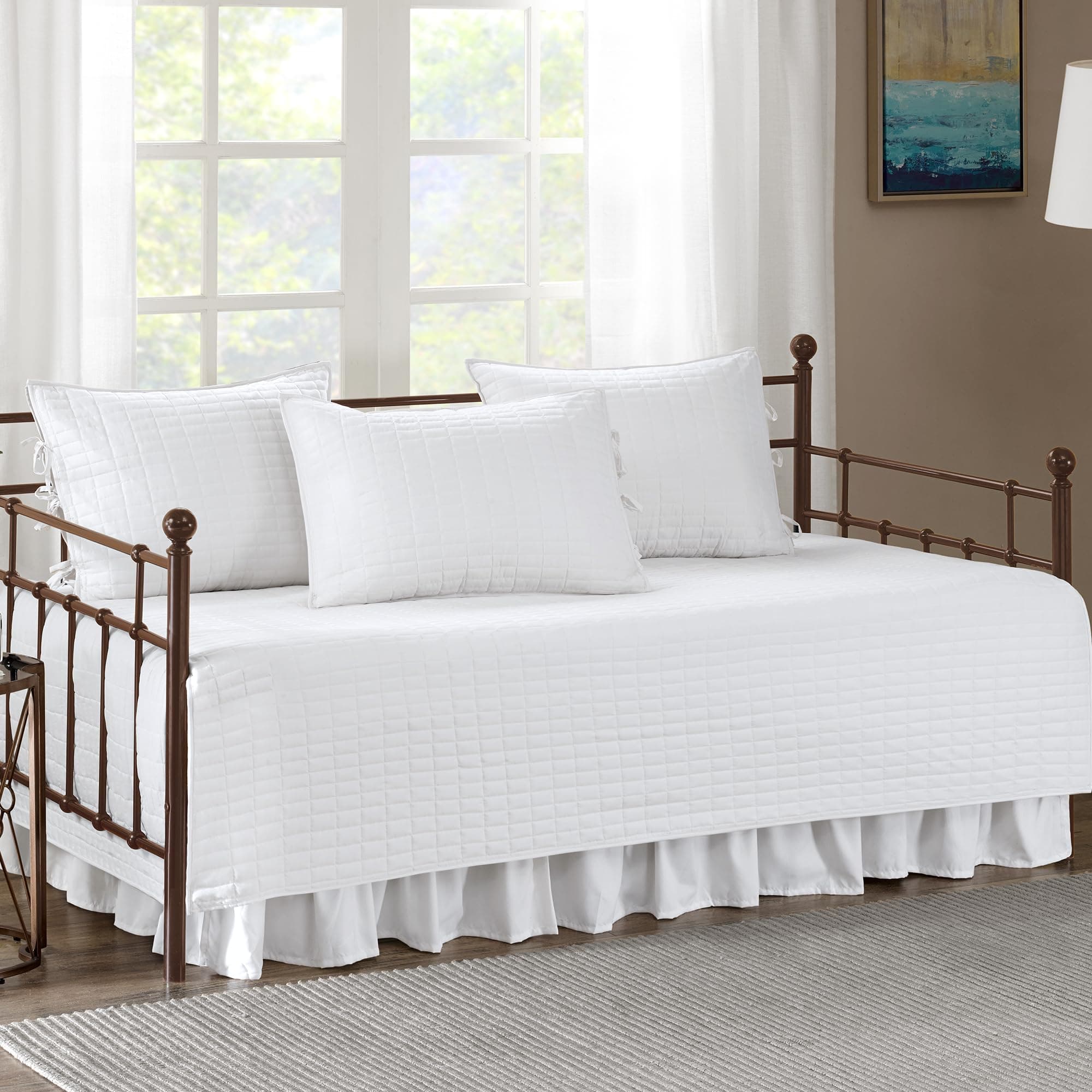 Daybed Cover - Luxe Double Sided Quilting, All Season Cozy Bedding with Bedskirt, Matching Shams, Kienna White 75"x39" 5 Piece