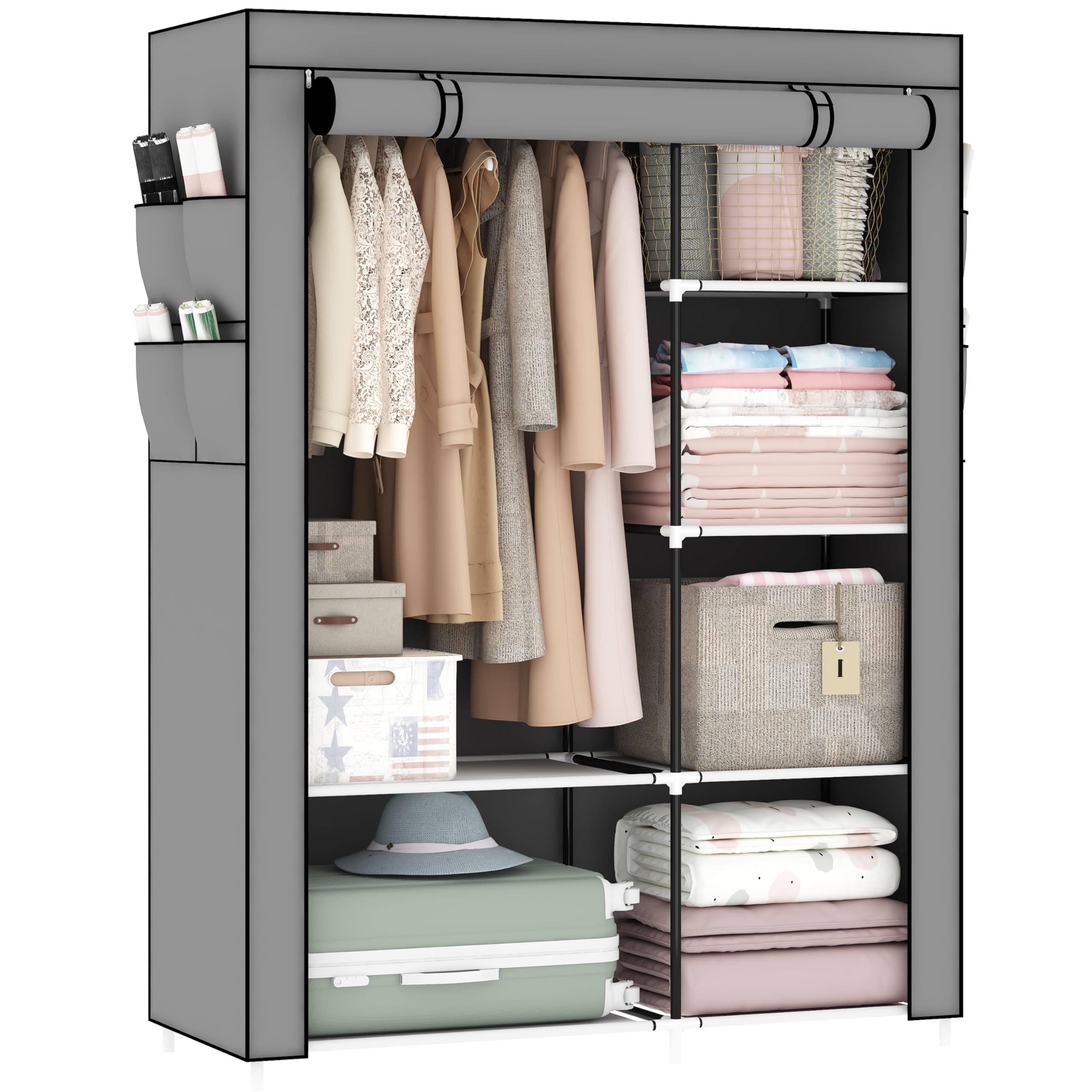 Canvas Wardrobe, Pop Up Fabric Wardrobe with Shelves and Hanging Rail,Great temporary wardrobes for bedrooms, portable wardrobes, 105 x 45 x 165 cm, gray
