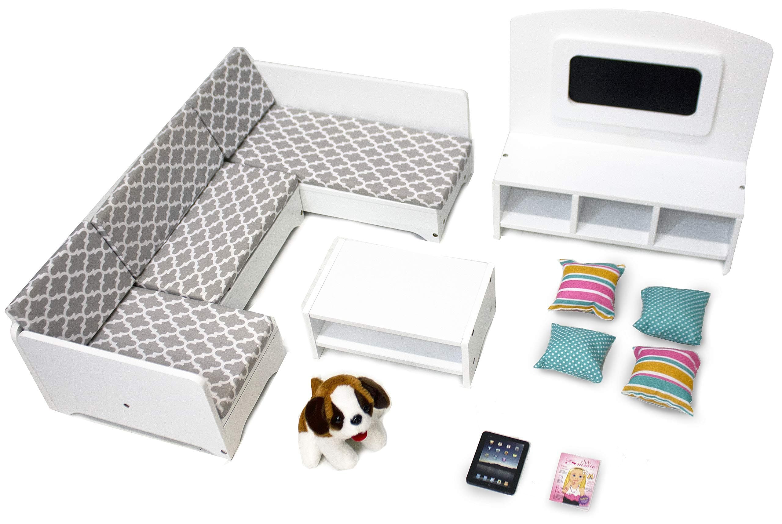 Playtime by Eimmie 18インチ 家具ソファ ドールハウス用 リビングルームアクセサリー テレビ&ペット付き 木製セット アメリカ人、世代、マイライフなどのブランドに対応 14-18インチの女の子のおもちゃ