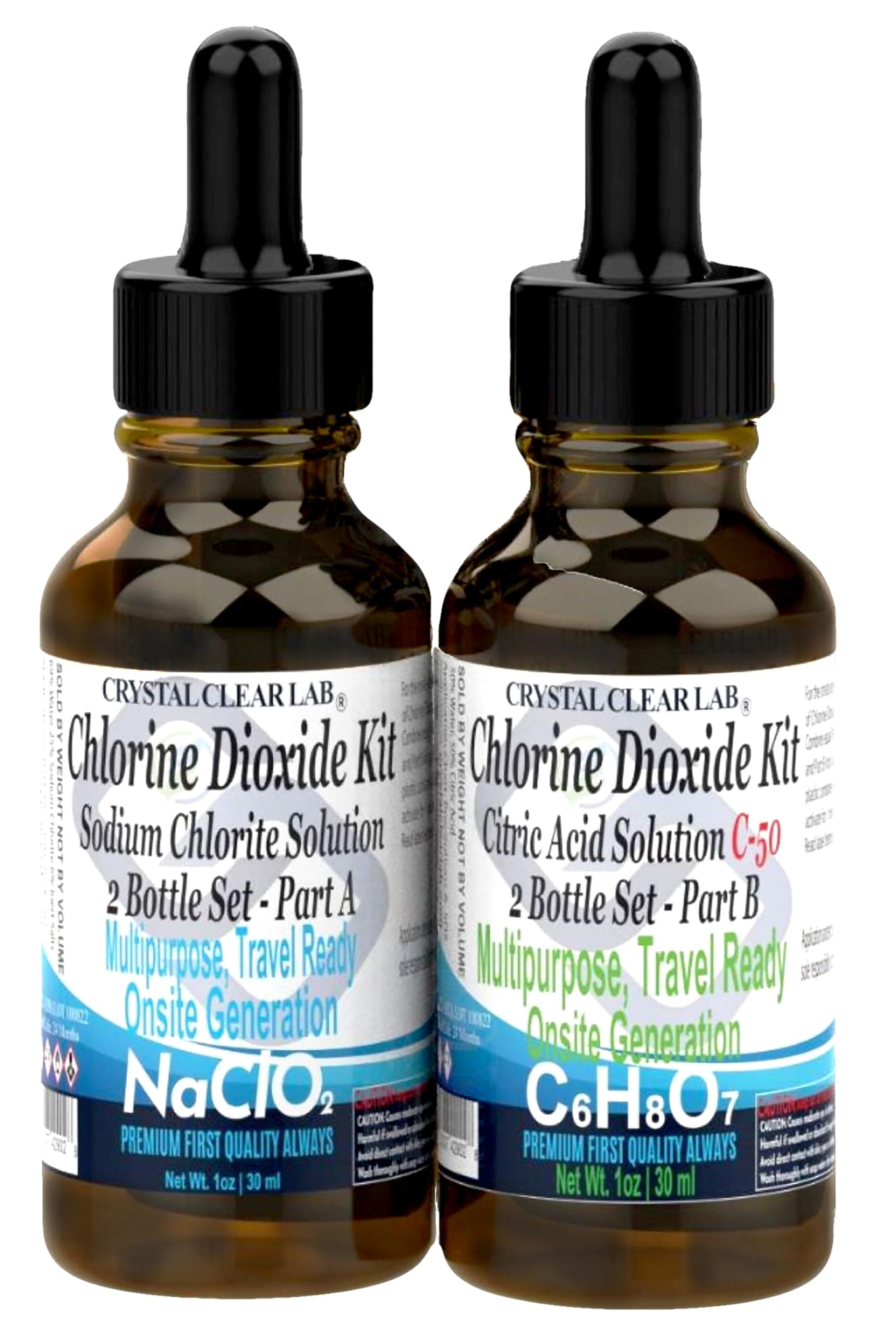 Crystal Clear Chlorine Dioxide ClO2-Kit, Citric Acid Solution w/EZ-Drop Bottles, Small 1 Oz (2 Bottles)