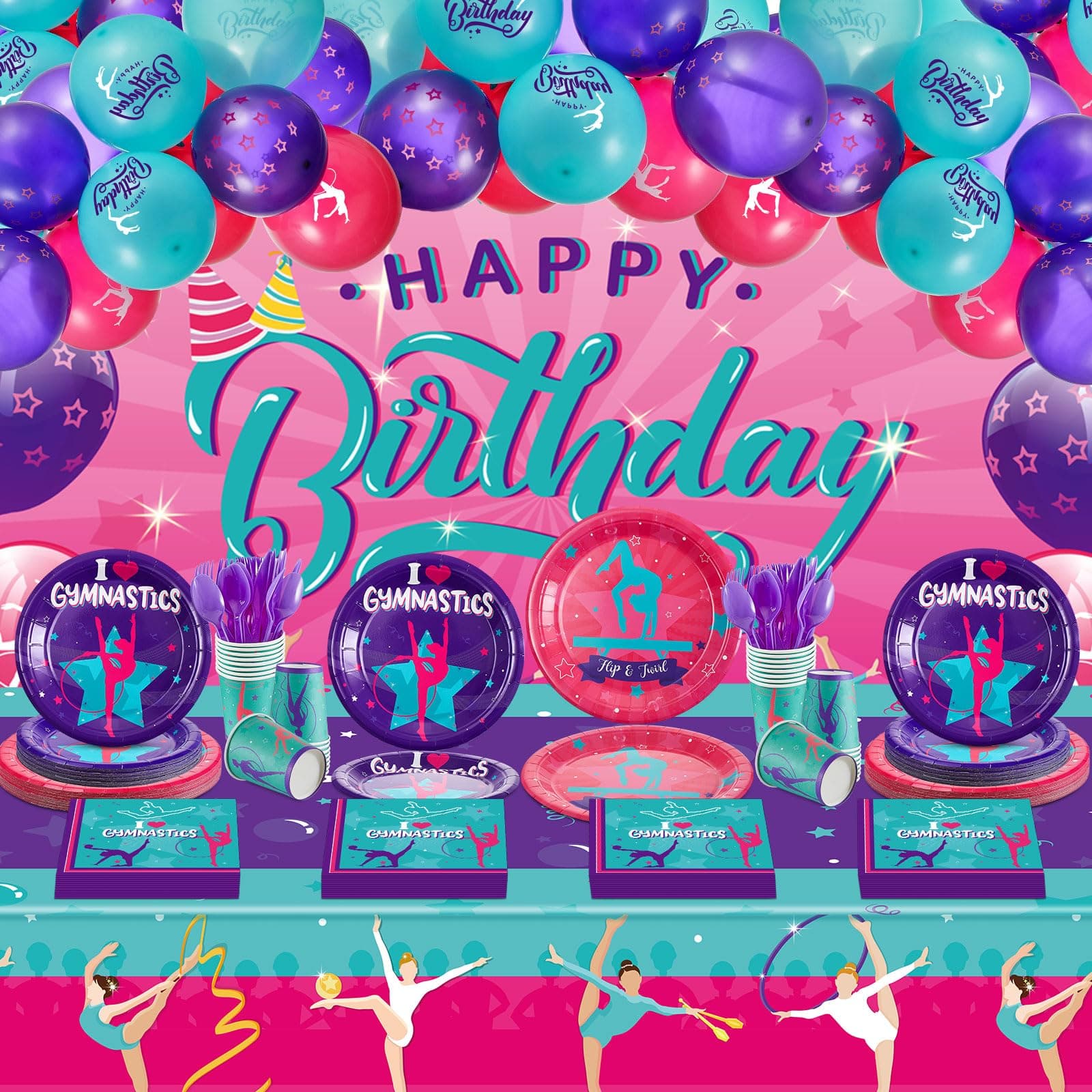 Wettarn 263 Pcs Gymnastics Birthday Party Decorations for 24 Guest Gymnastics Dance Disposable Tableware Plates Cups Gymnast Tablecloth and Latex Balloon Banner for Gymnast Themed Party Supplies
