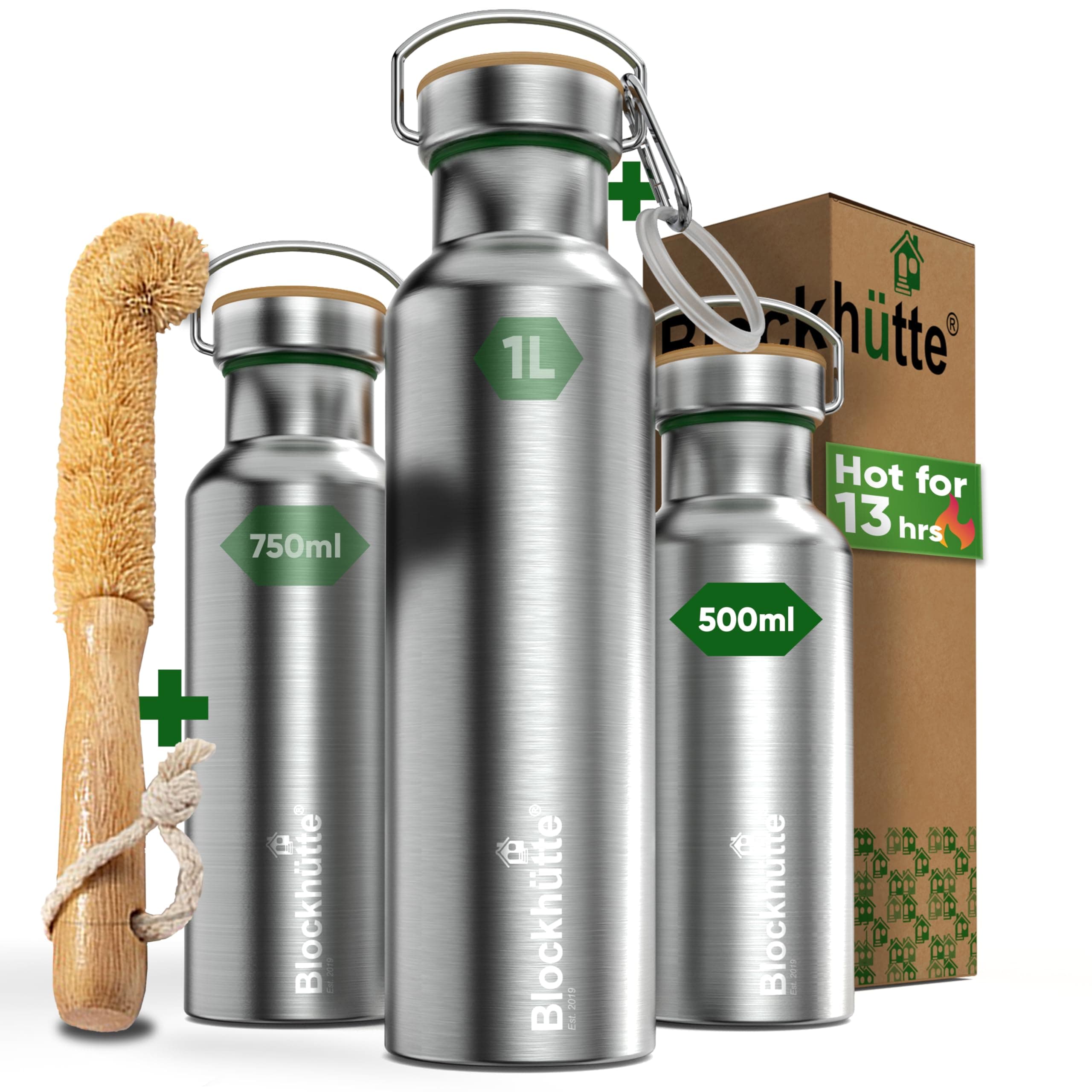 Blockhuette Personalised Water Bottle Steel 1L I incl Cleaning Brush, BPA Free, Insulated Travel Flask for 13h Hot, 15h Cold Drinks, Gym, Kids, Boys, Girls - Reusable, Leakproof Flask