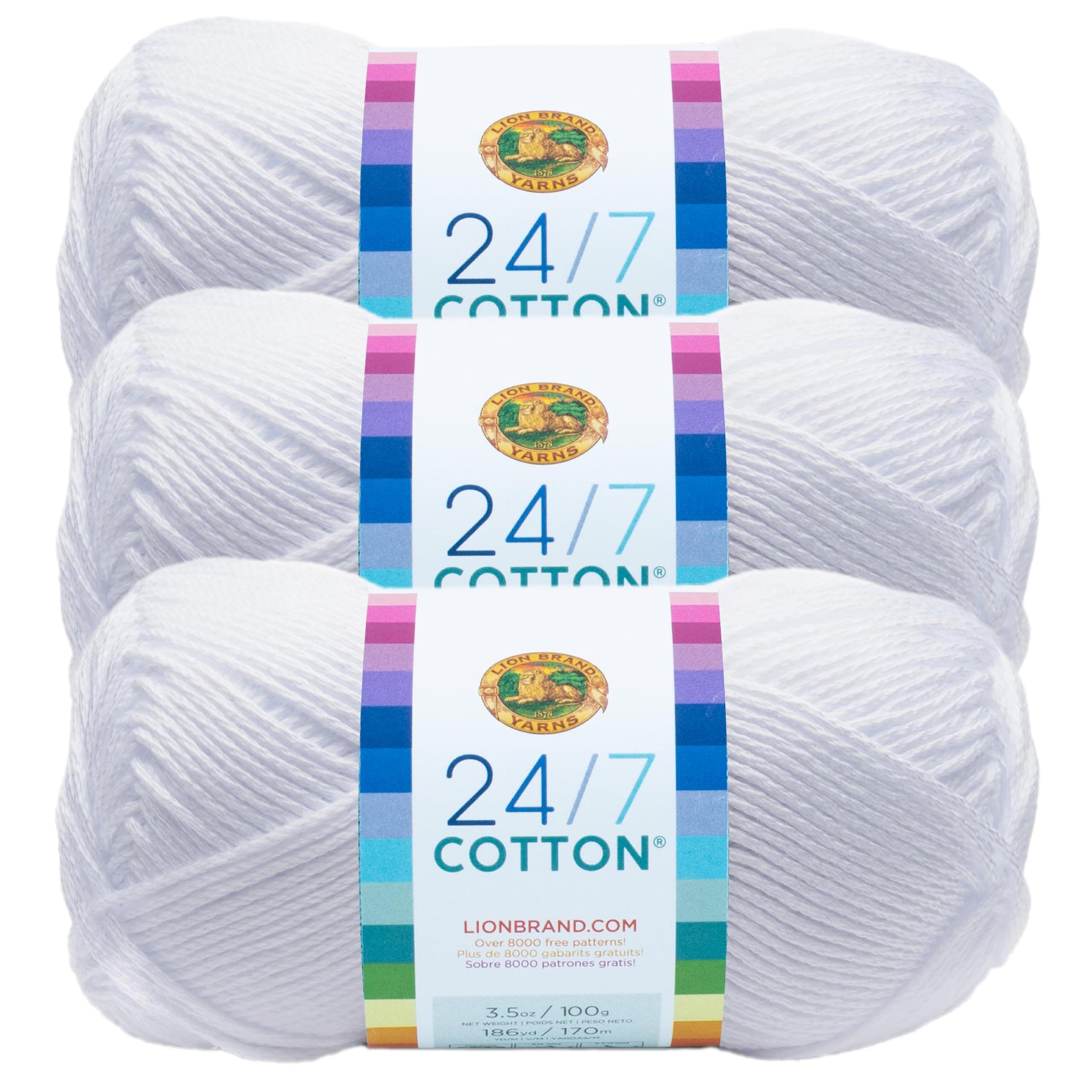 Lion Brand Yarn, 24/7 Cotton Mercerized Lightweight Yarn for Knitting, Crochet, and Crafts, White, 3 Pack, 185 Yards of Natural Fiber for Breathable Tops, Durable Bags, and Easy-Care Dish Cloths