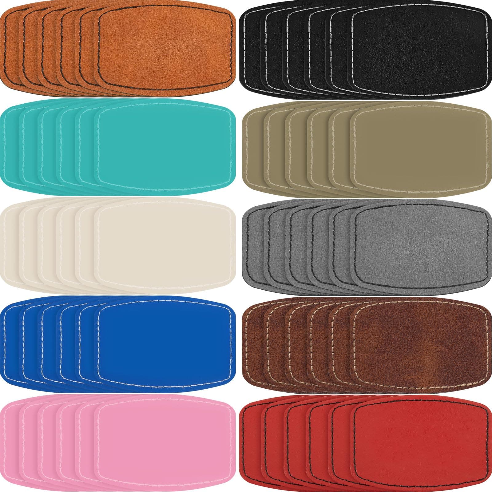 DunzyDunzy 60 Pcs Blank Leatherette Hat Patches with Adhesive Rustic Leatherette Rounded Rectangle Patch Faux Leather Patches for Hats Costumes Fabric Repair Sew Laser Supplies, 3 x 2" (Colorful)