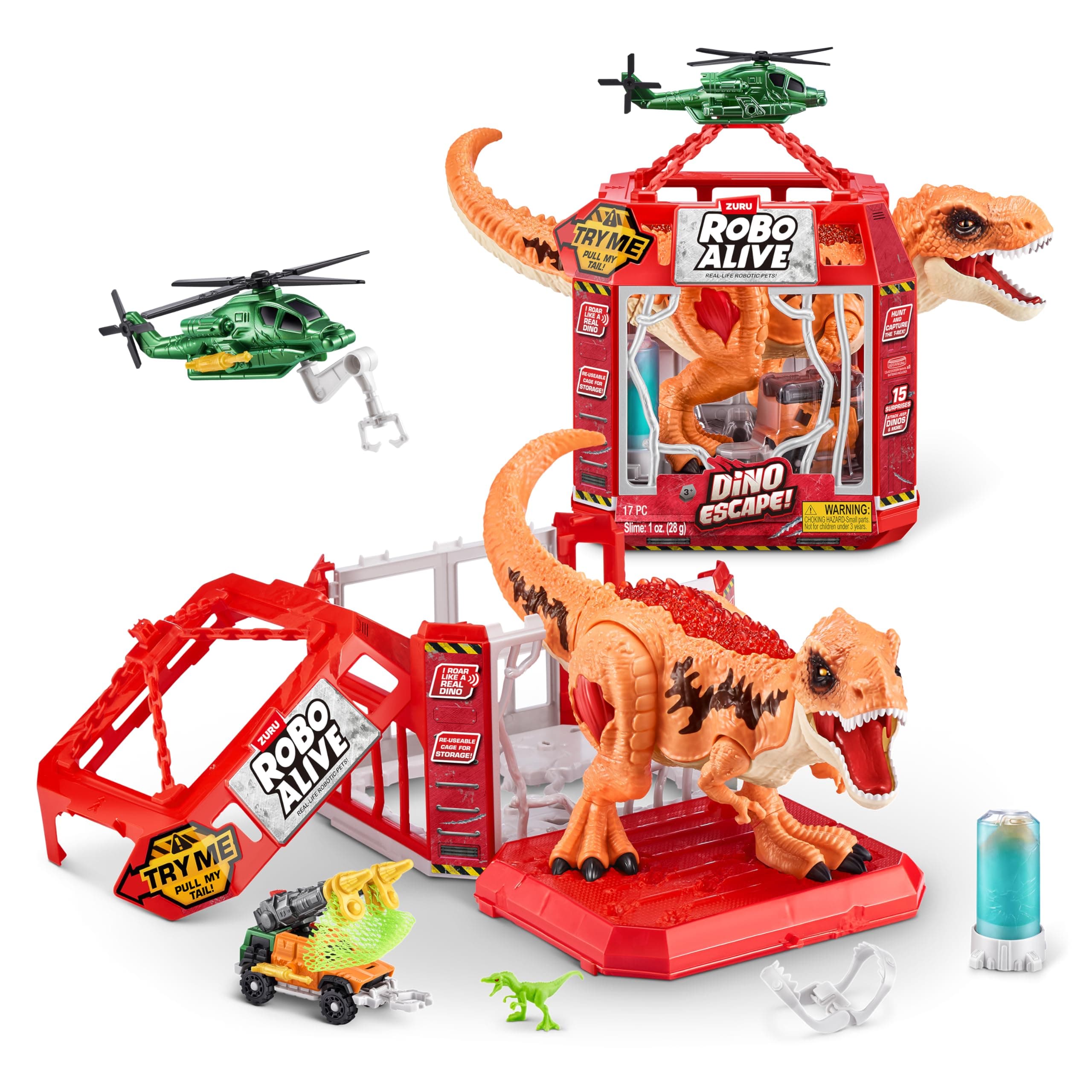 ROBO ALIVE Dino Escape, Series 1, Dinosaur and Helicopter Playset, Battery-Powered Robotic Light Up Toy, (T-Rex)