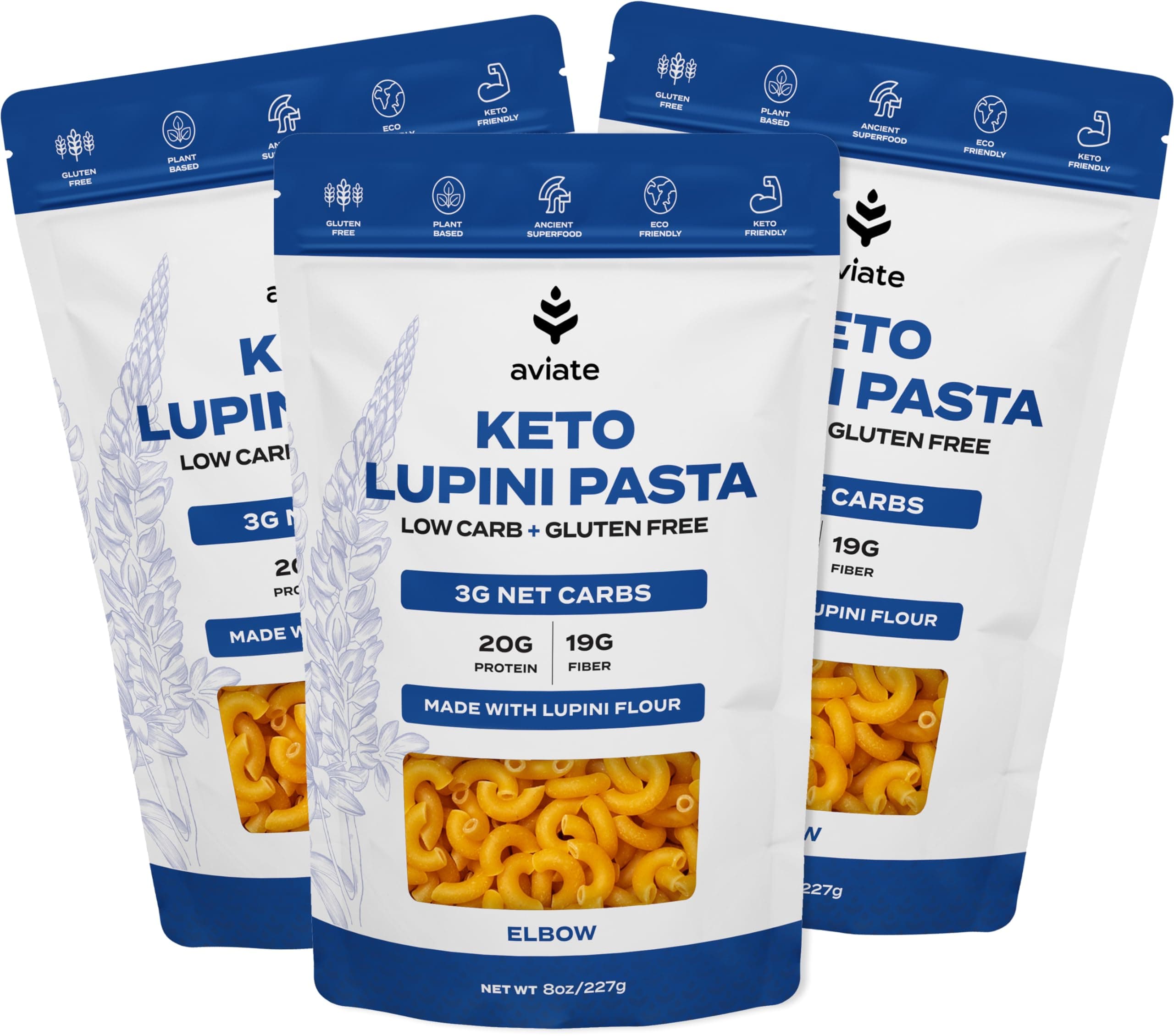 Keto Pasta Elbows - Low Carb (3g Net) Lupini Noodles, High Protein (20g), Gluten-Free, Made with Lupin Flour, Plant Based Vegan, Keto-Friendly, Low Carb - Macaroni Elbows (8oz) (Pack of 3)