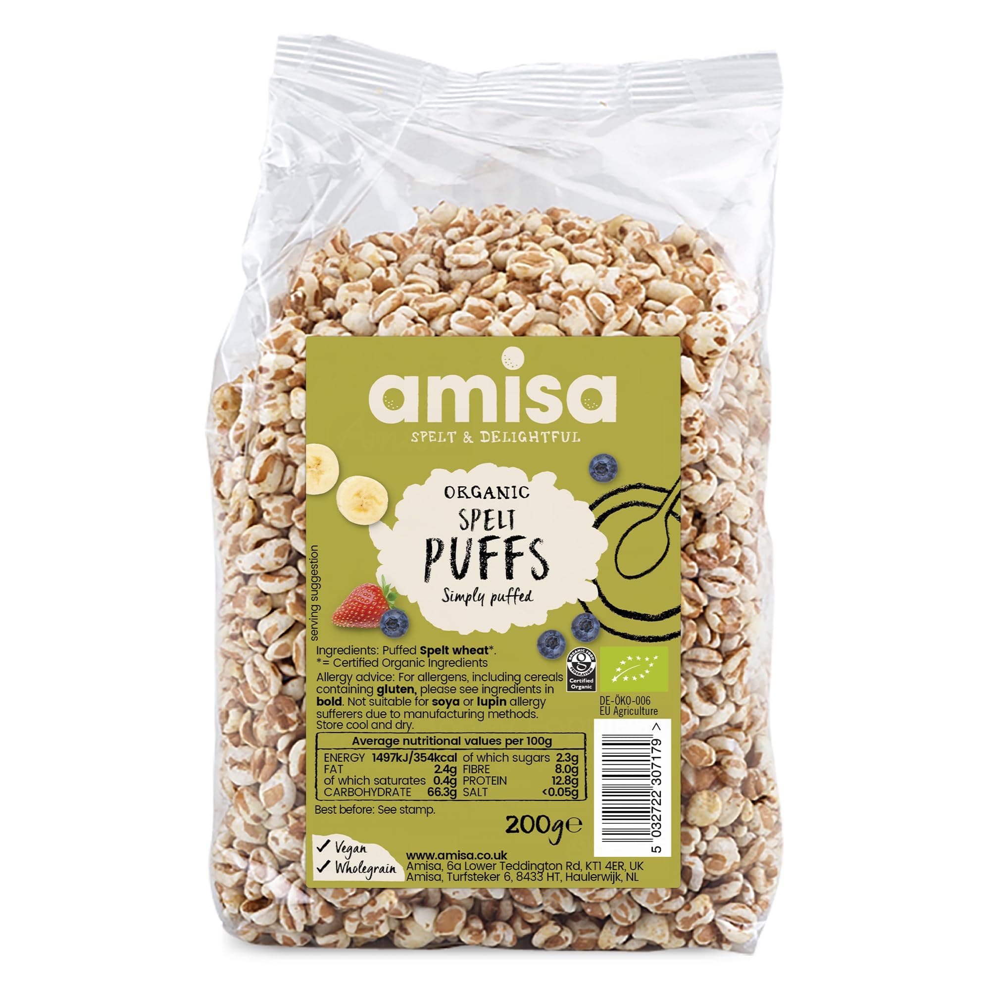 Organic Spelt Puffs, 200g - Light & Crunchy Texture - High in Fibre & Vegan-Friendly Cereal