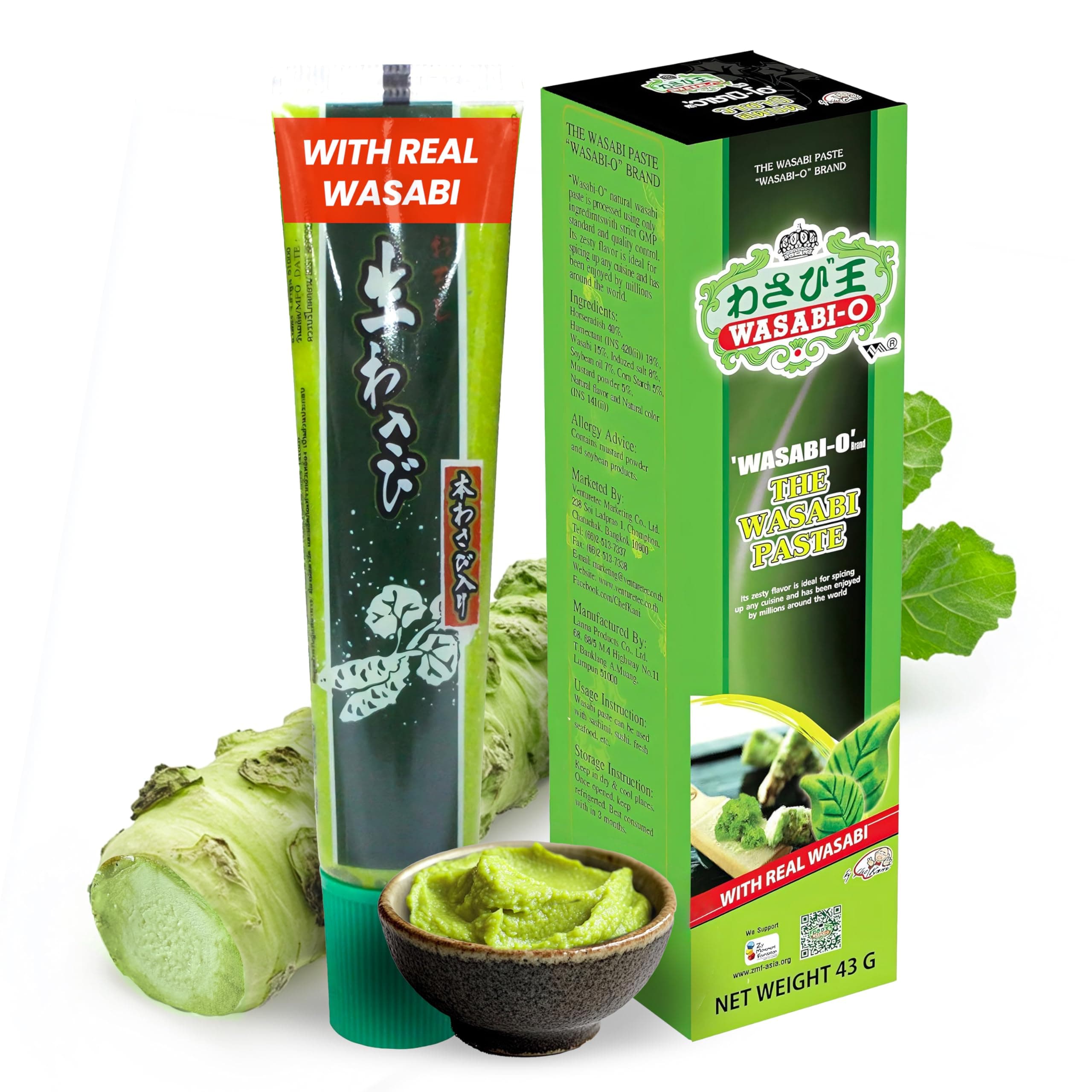 Wasabi-O Real Wasabi Paste - Authentic Japanese Fresh Wasabi Root - Mild Heat - Squeeze Tube for Sushi, Sauce, Mayo, Seafood - 1 x 1.52 Oz