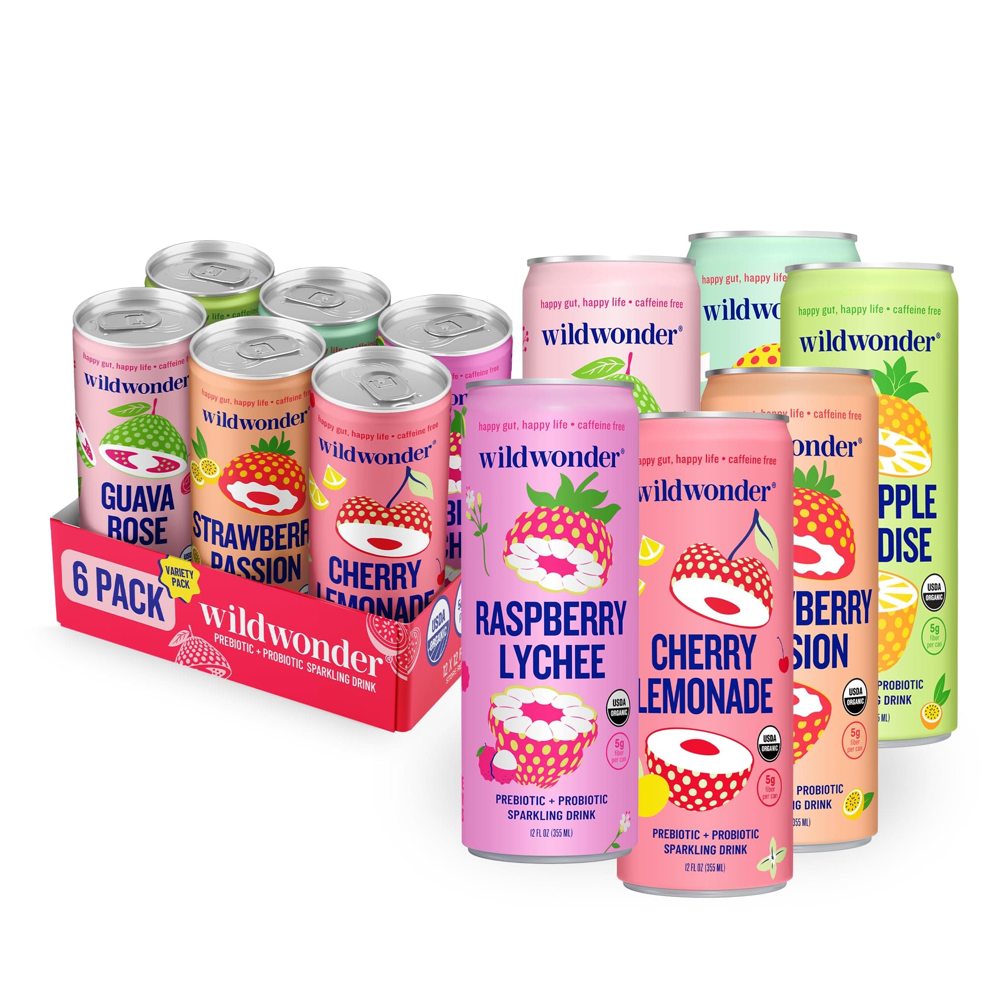 Sparkling Probiotic Drink 6pk, For Gut Health & Immune Support, Classic Variety Pack, 5g Prebiotic Fiber, Live Probiotics, Organic, Vegan, Low Sugar, 6 Pack, 12oz Can, Seen on Shark Tank