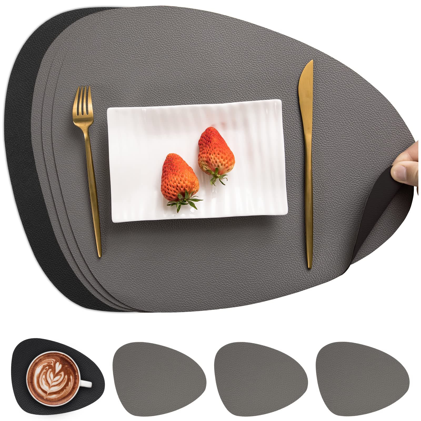 Myir JUN Placemats, Dual-Sided Placemats Waterproof Faux Leather Placemats Set of 4 Place Mats and Coasters Non-Slip Washable Table Mats for Dining Table (Gray Black, Set of 4)