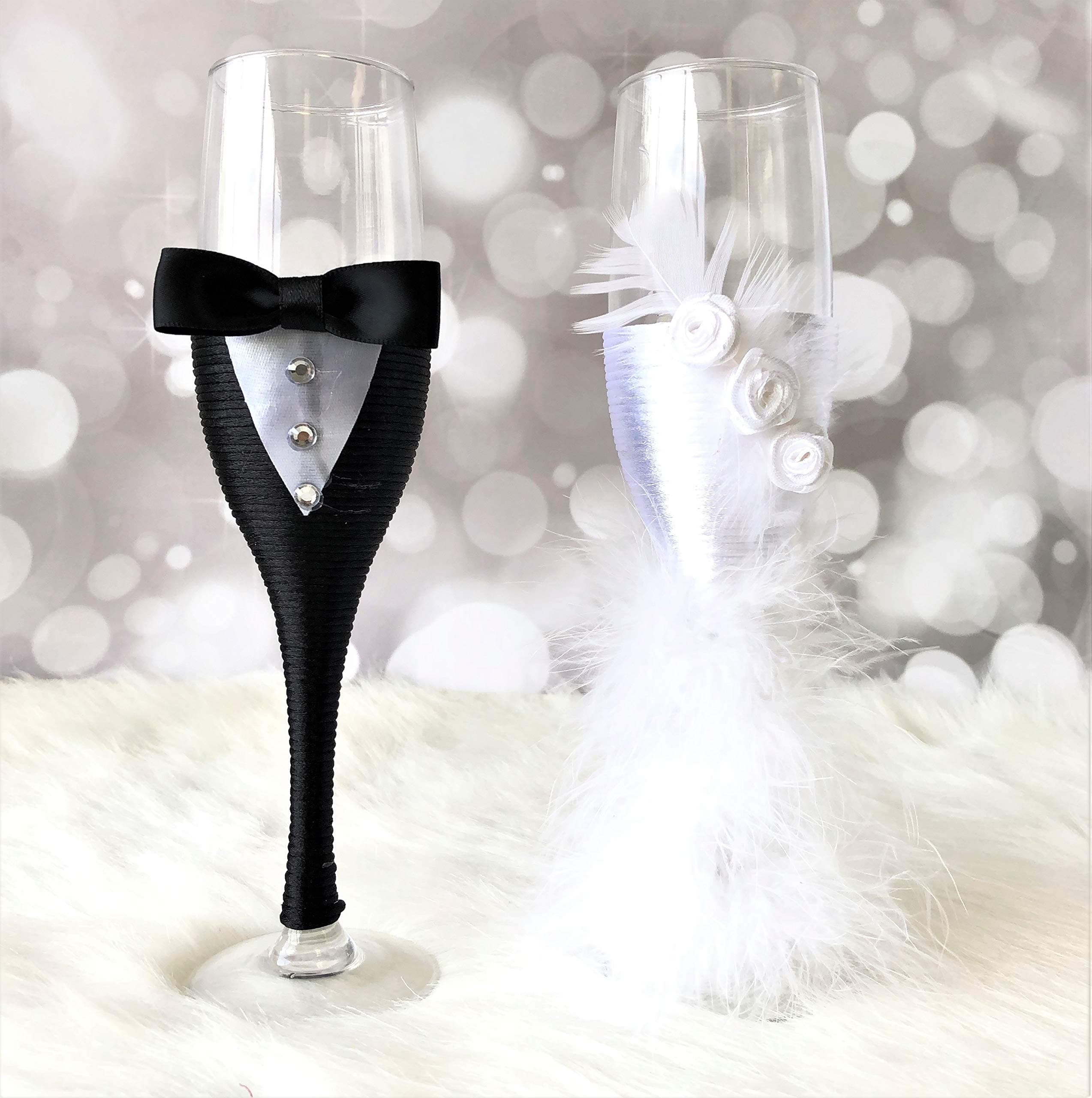 Abbie HomeWedding Reception Celebration Champagne Toasting Flute Set- Feather Dress Mini Suit Decorated Bride and Groom Champaign Flute, Set of 2 (Black Glass Set)