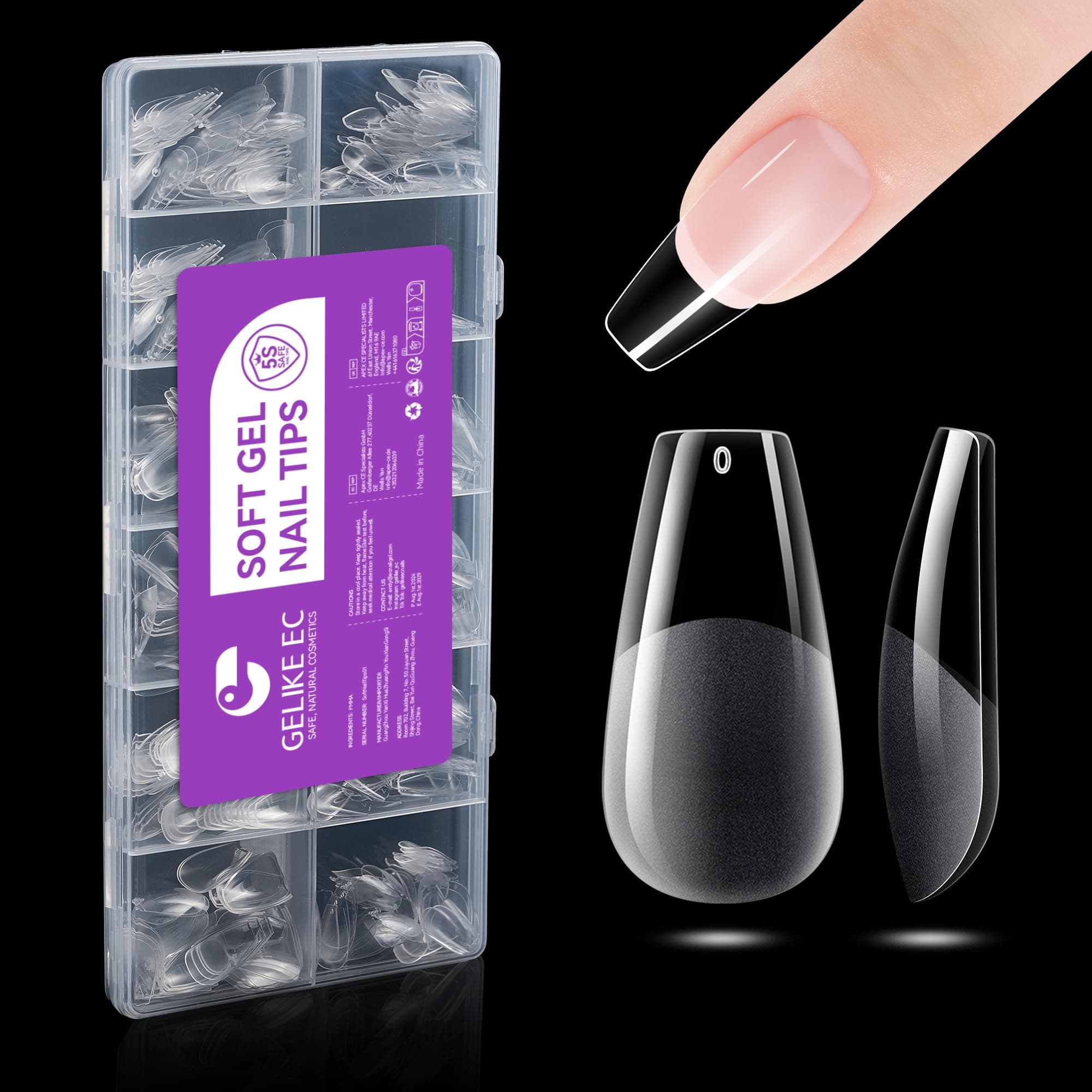 Soft Gel Nail Tips Kit for Soak Off Nail Extensions, Full Cover, Coffin Shaped, Pre-Buff PMMA Resin, Clear Ultra-Thin Design, 12 Sizes, 552 Pieces, Medium Coffin False Press on Nail