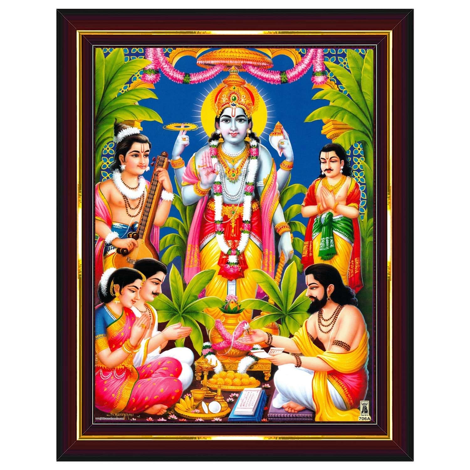 Lord Satyanarayana Swamy Bhagwan Satyanarayan Wall Painting Framed Home Decor (Wood,Matte,Brown,Small Size,6 x 8 Inch) B618S