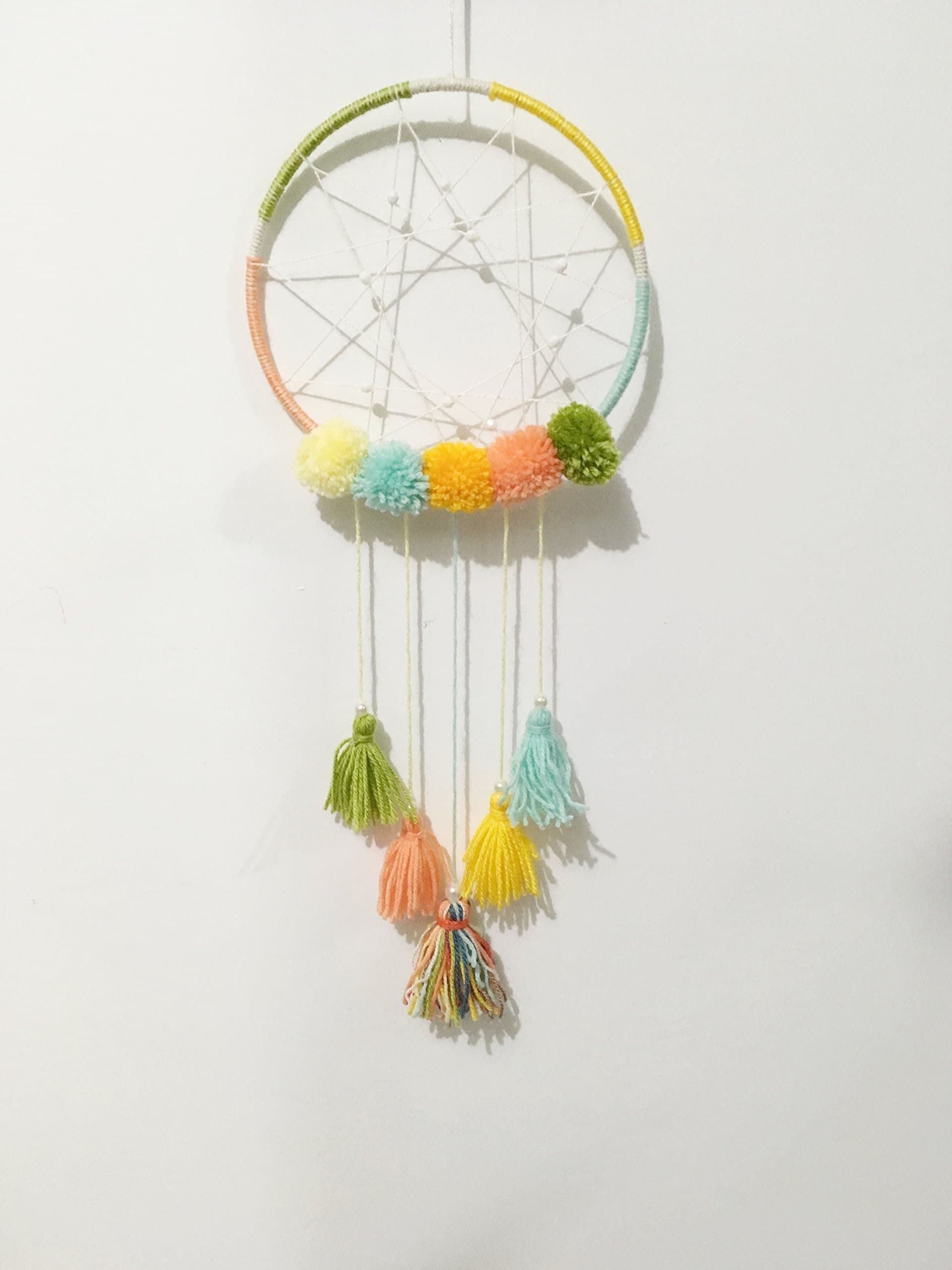 Handmade Custom Colouful Boho Chic Kids Dreamcatcher - Pom Poms and Tassels Dream Catcher Mobile - Nursery/Room - Bohemian Wall Decor - Baby Shower Gift
