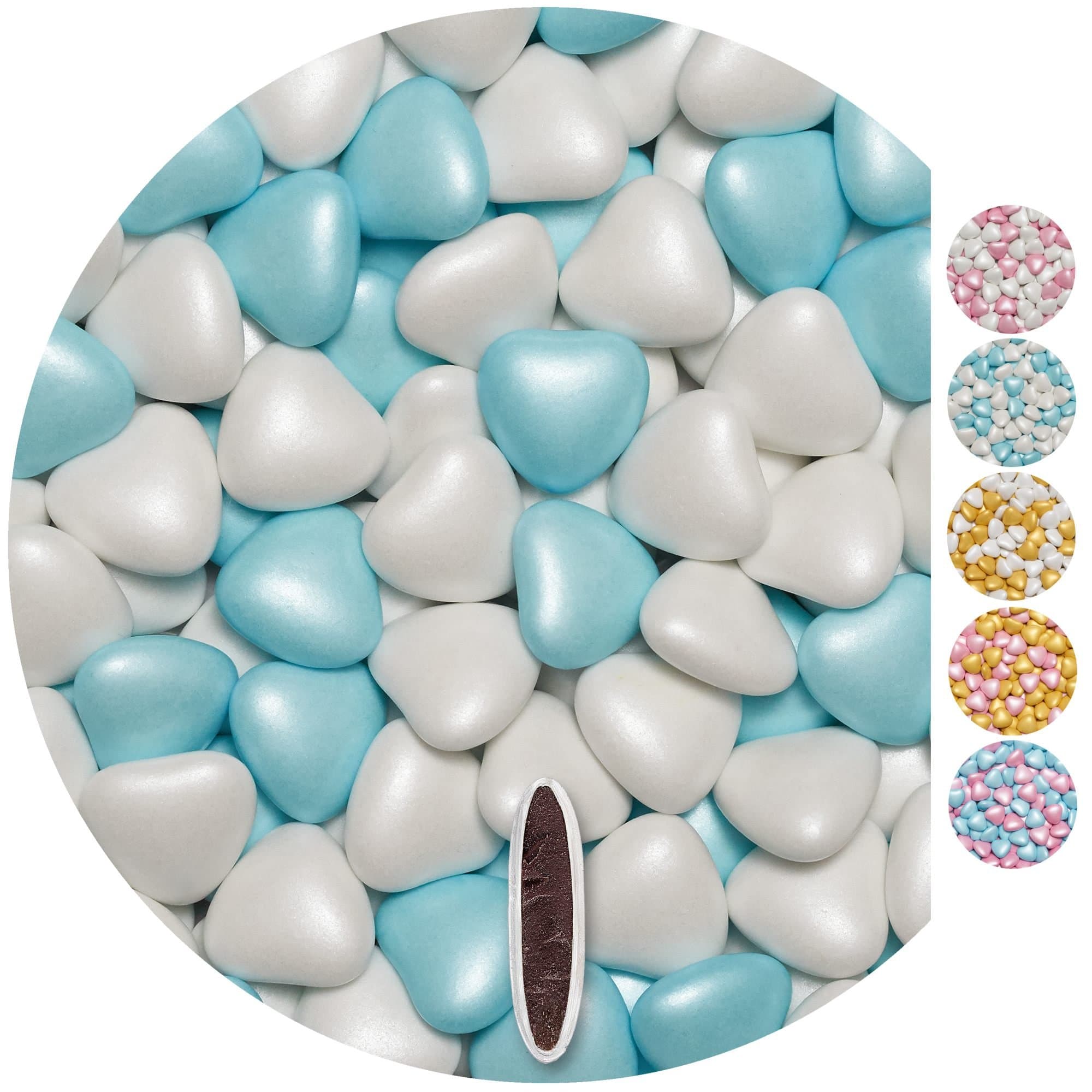 EinsSein 1kg Sugared Chocolate Hearts Dragees Mix med White-Light Blue Pearl Heart Chocolates Sweets dragées Dragees Wedding mini Favours Guests Shapes Chocolate Table Hearts Party Baptism Sweet