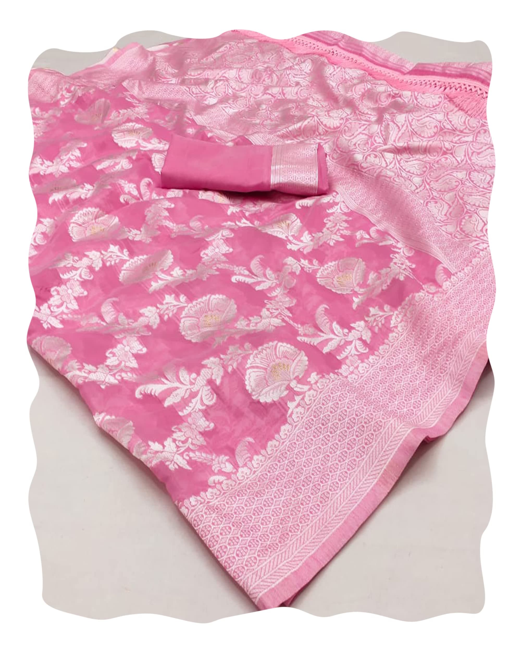 Peachmode Pink Woven Poly Cotton Saree With Tassels