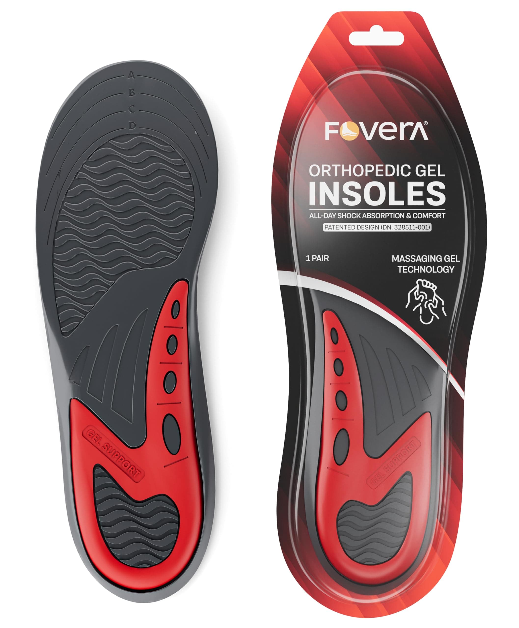 FOVERA Gel Insoles Pair for Walking, Running, Sports, Formal and Safety Shoes - All Day Comfort with Dual Gel Technology - Full Length Sole for Every Shoe (Male, Red, Pack of 1 Pair)