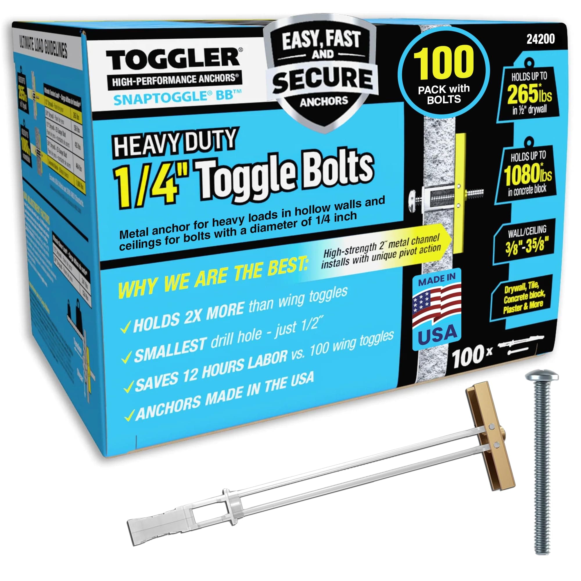 SNAPTOGGLE Drywall Anchor 100-Pack 1/4-in Dia Toggle Bolt ; Holds 265 pounds Each in 1/2-in Drywall by TOGGLER(2.5 inch Bolts Included)
