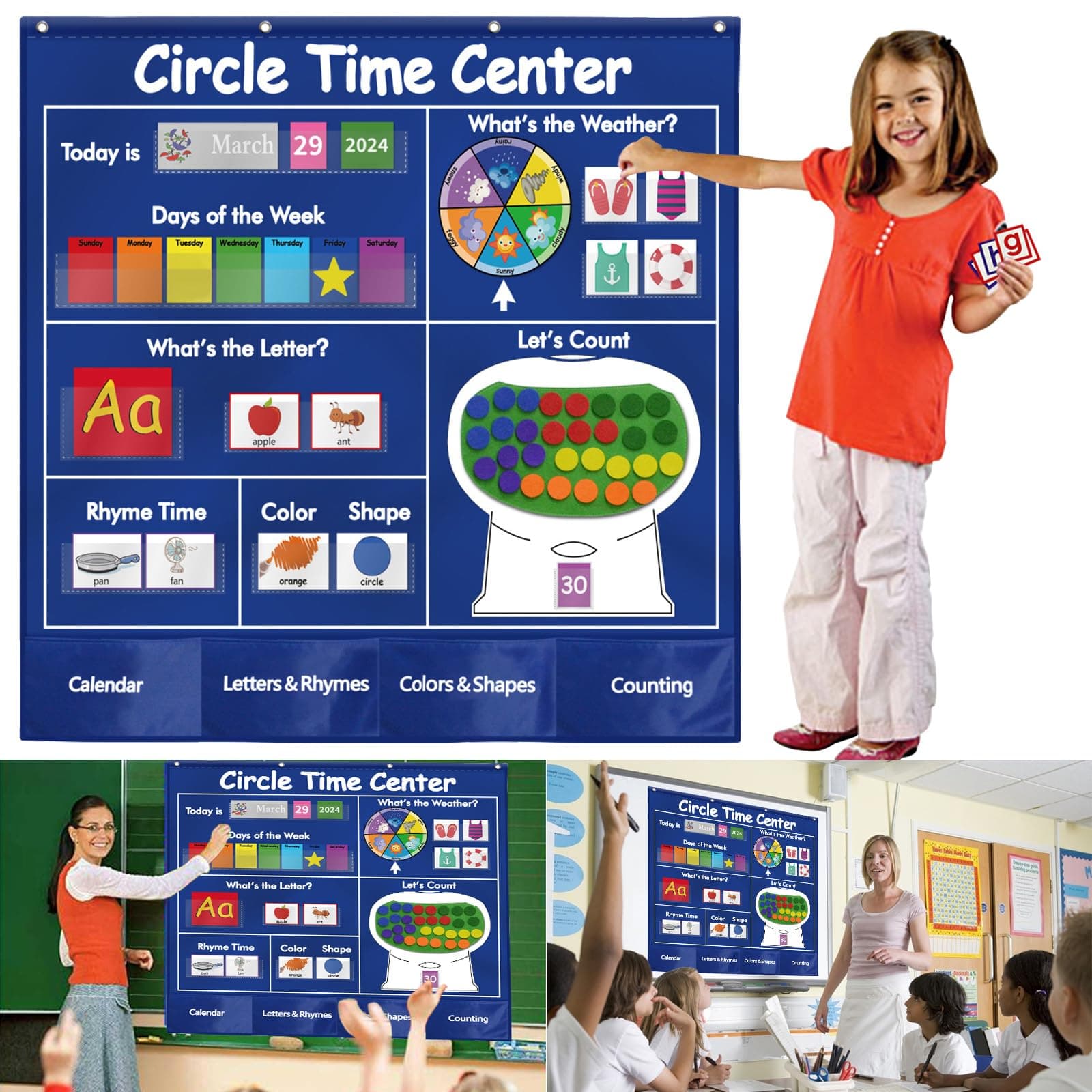 Circle Time Center Classroom Pocket Chart Educational Pocket Chart Teaching Materials Learning Calendar Weather Counting Letter Color Shape etc