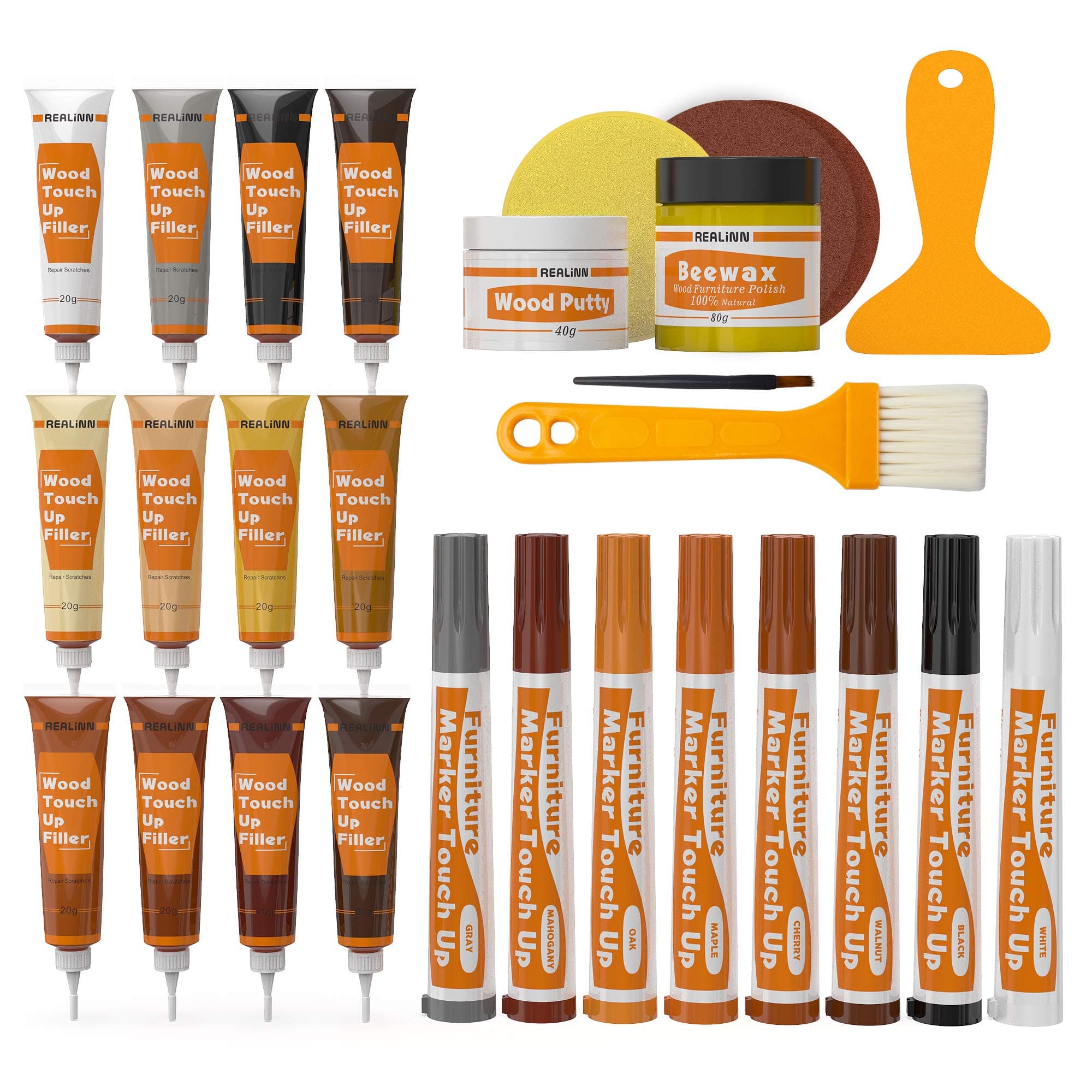 REALINN Wood Furniture Repair Kit- Set of 28 - Touch Up Markers, Fillers with Wood Putty - Repair Scratch, Cracks, Hole, Discoloration for Wooden Door, Floor, Table, Cabinet