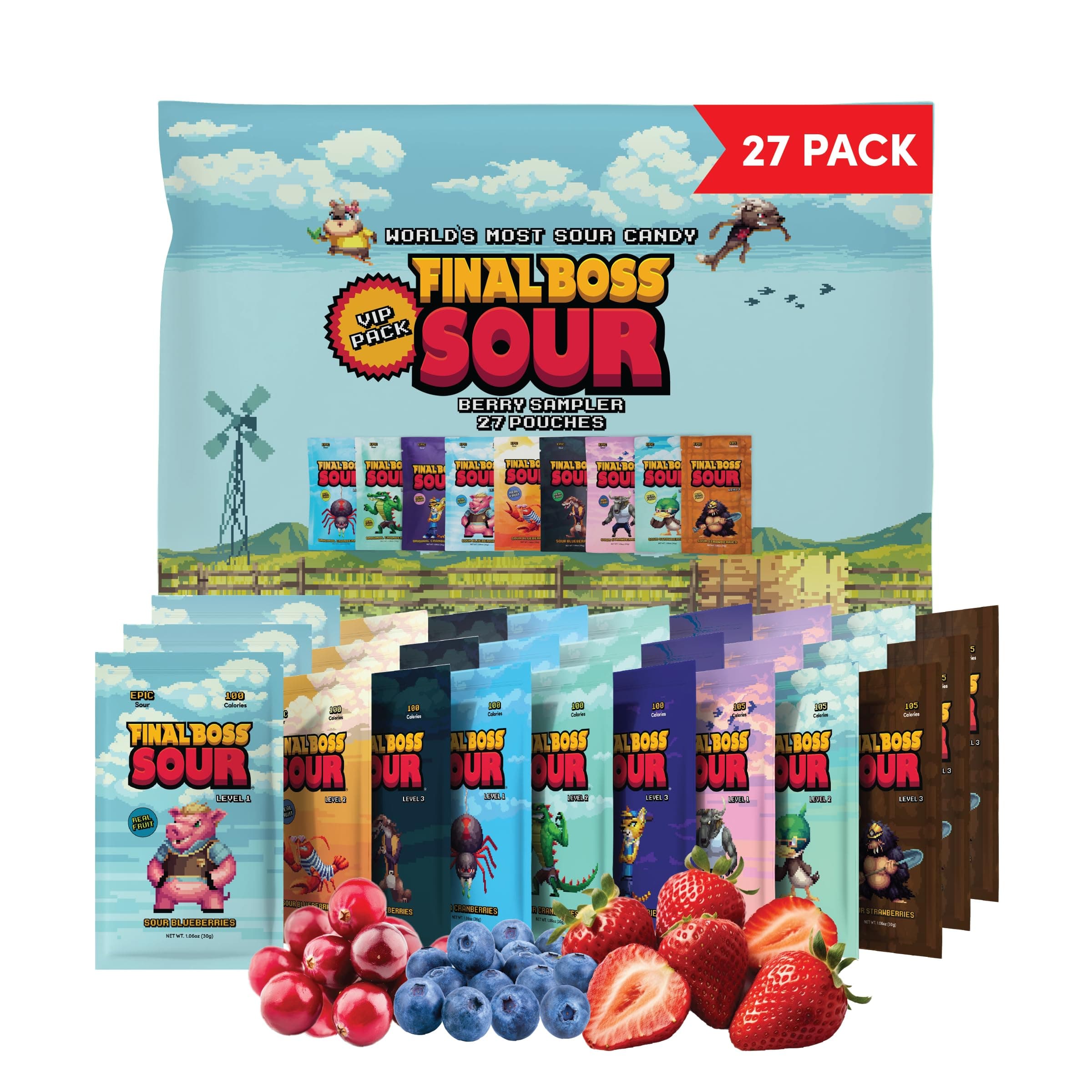 Final Boss Sour Candy Berry Variety, 27 Pack, All Sour Levels, Extreme Sour Fruit Chews with Real Dried Fruit, No Artificial Colors or Flavors, Low Calorie Snack for Kids, Teens & Adults